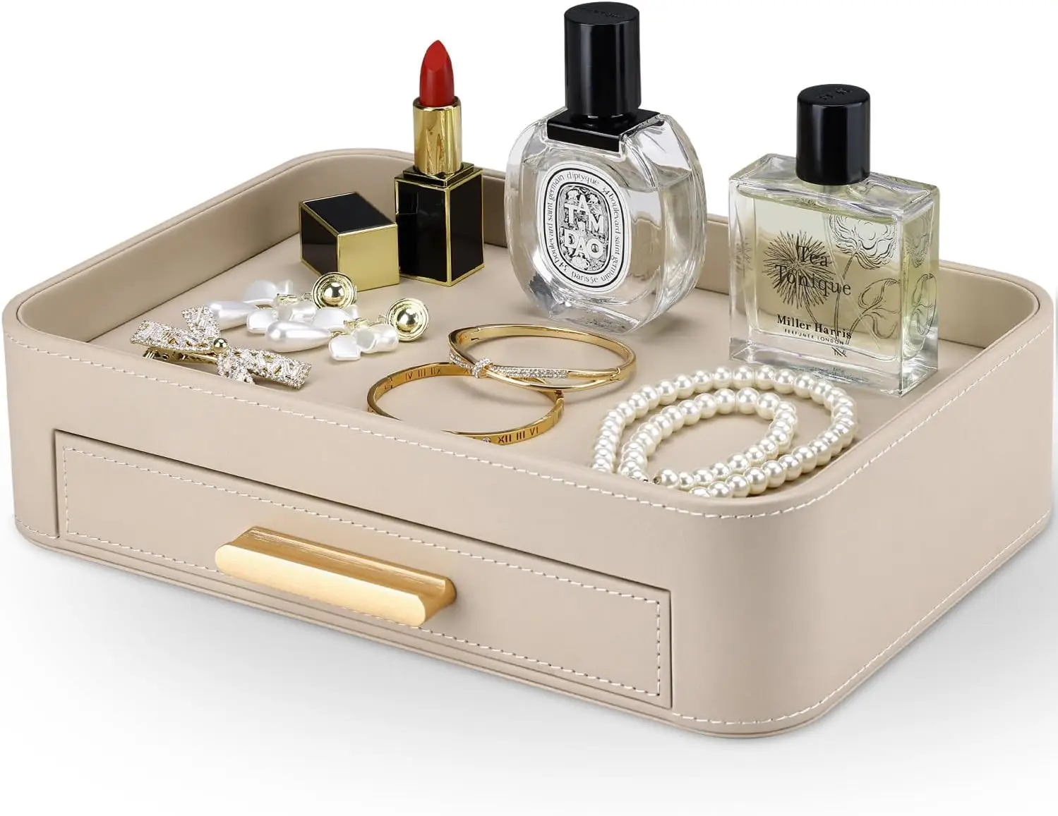 Valet Jewelry Tray with Drawer, PU Leather Perfume & Trinket Organizer, Beige Catchall for Vanity or Bathroom, Gift for Women Me
Valet Jewelry Tray with Drawer, PU Leather Perfume & Trinket Organizer, Beige Catchall for Vanity or Bathroom, Gift for Women Me