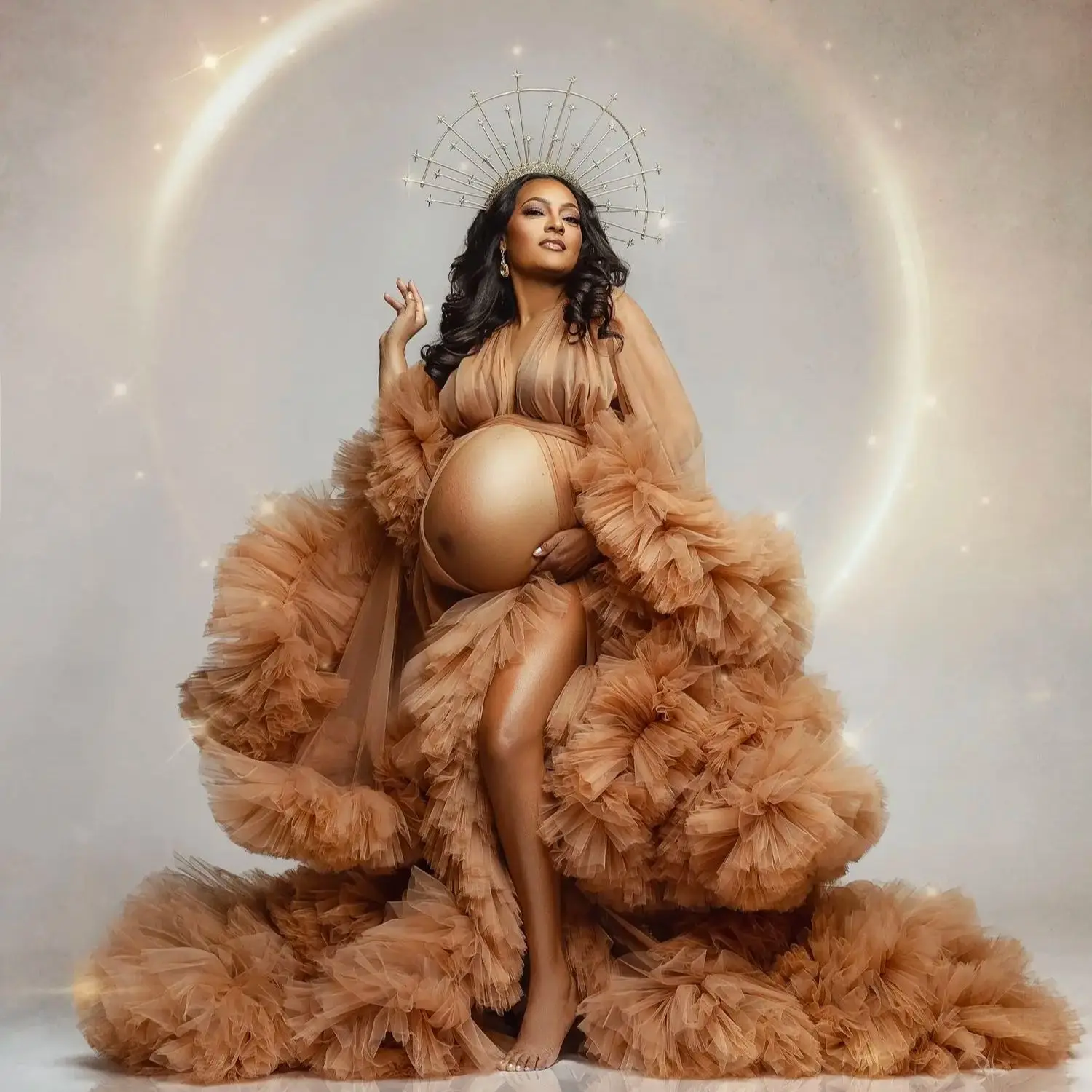 Puffy Brown Maternity Robes Tiered Ruffles Long Sleeves Pregnant Women Photo Dresses Sweep Train Customized Baby Shower Gowns
Puffy Brown Maternity Robes Tiered Ruffles Long Sleeves Pregnant Women Photo Dresses Sweep Train Customized Baby Shower Gowns
