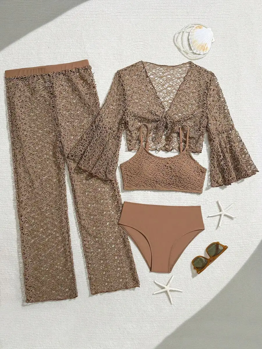 Coffee Color Hollow Mesh Knitted Four Piece Swimwear Set Beach Cover Up With Pants
Coffee Color Hollow Mesh Knitted Four Piece Swimwear Set Beach Cover Up With Pants