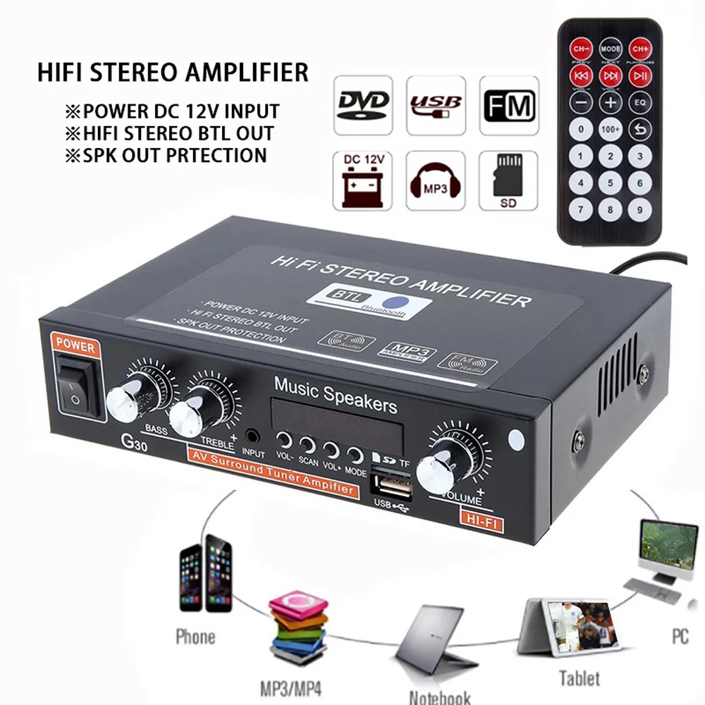 HOT Car G30 smart digital power amplifier with built-in Bluetooth BLUETOOTH/USB/SD/FM power amplifier audio signal processor
HOT Car G30 smart digital power amplifier with built-in Bluetooth BLUETOOTH/USB/SD/FM power amplifier audio signal processor