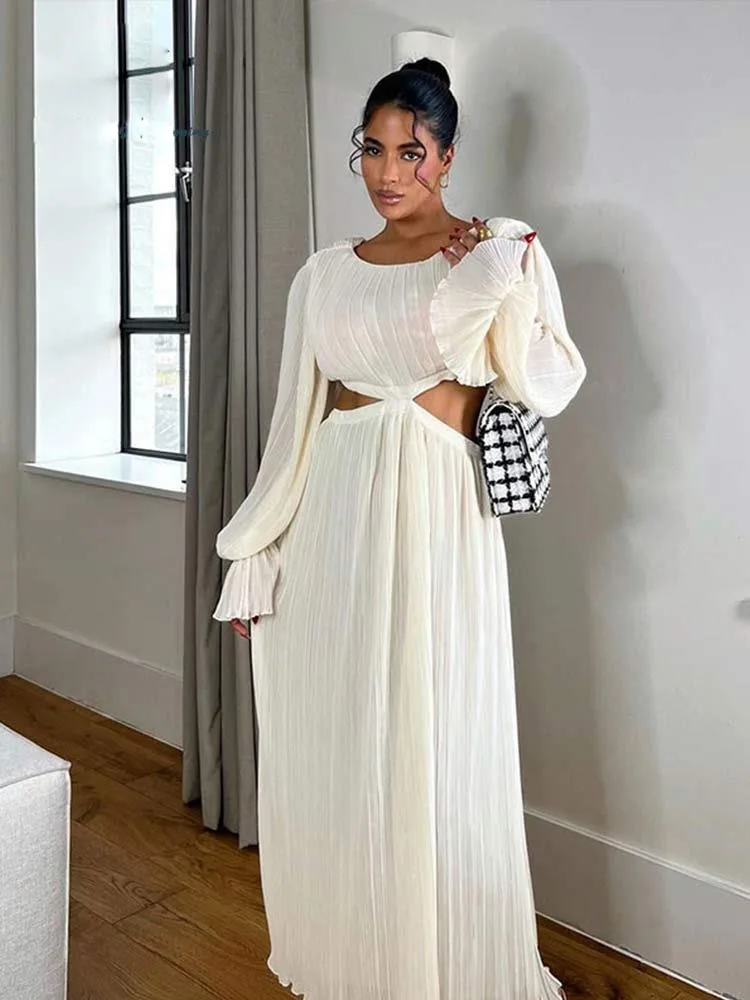 Elegant Hollow Out Pleated Dress For Women Fashion Flare Sleeve Backless A Line Dresses Spring O Neck Office Lady Commute Robe
Elegant Hollow Out Pleated Dress For Women Fashion Flare Sleeve Backless A Line Dresses Spring O Neck Office Lady Commute Robe