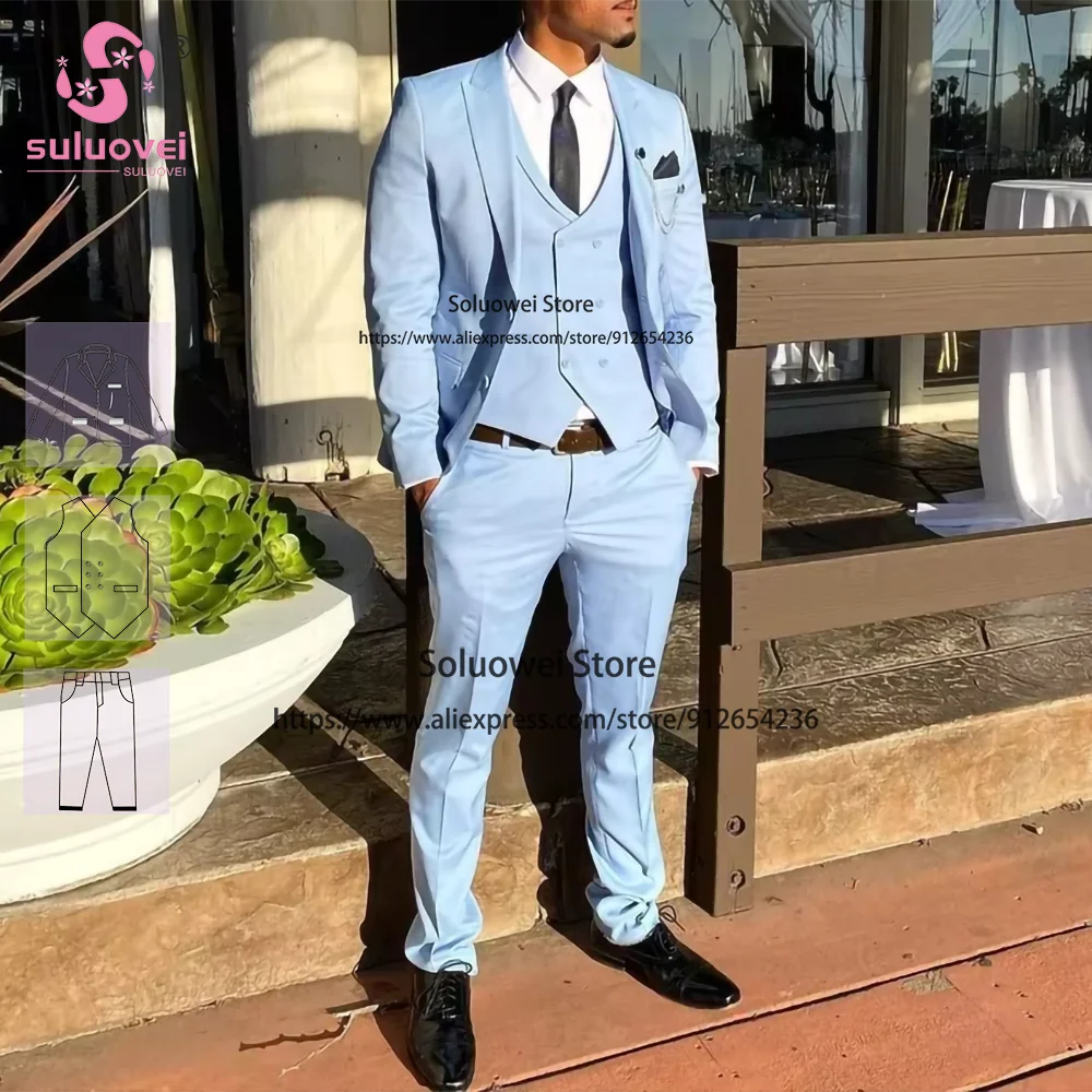 Fashion Light Blue Slim Fit Suits For Men Business 3 Piece Jacket Vest Pants Set Formal Groom Wedding Peaked Lapel Tuxedo Blazer
Fashion Light Blue Slim Fit Suits For Men Business 3 Piece Jacket Vest Pants Set Formal Groom Wedding Peaked Lapel Tuxedo Blazer