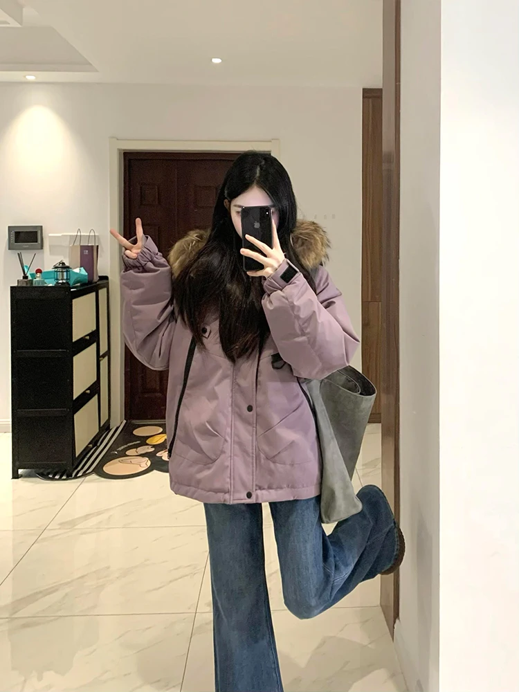 Korean Sle plus Size Women's Winter Jaet Hooded Thiened down Cotton Coat Purple Color with Large Fur Collar Mid-Length
Korean Sle plus Size Women's Winter Jaet Hooded Thiened down Cotton Coat Purple Color with Large Fur Collar Mid-Length