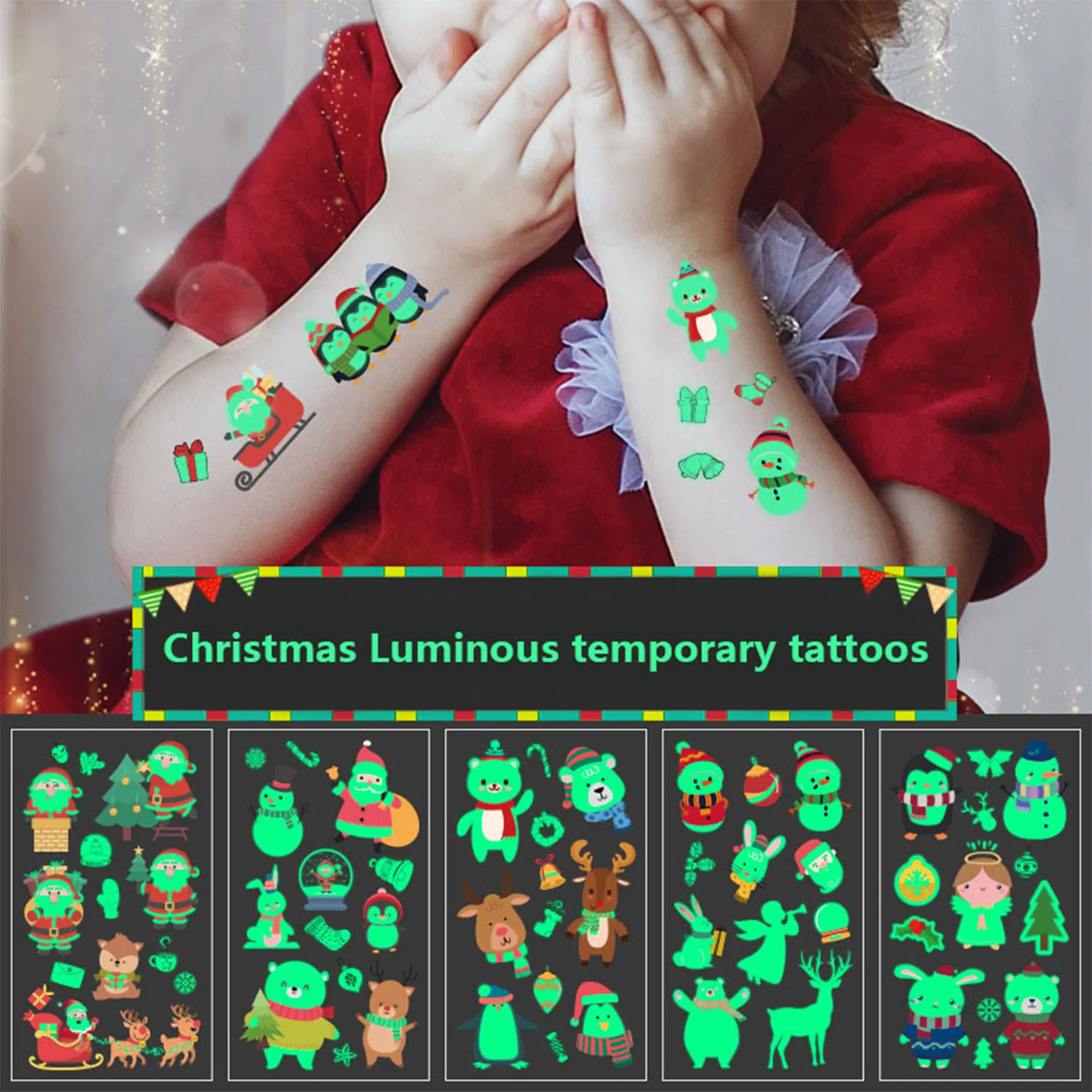 Luminous Christmas Tattoos Pieces Glow In The Dark Cute Santa Christmas Tree Stocking Snowman Mixed Style Temporary Tattoos
Luminous Christmas Tattoos Pieces Glow In The Dark Cute Santa Christmas Tree Stocking Snowman Mixed Style Temporary Tattoos