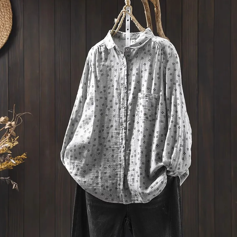 2025 Spring women's clothing 100% cotton yarn gray white navy blue printed shirts long sleeve blouses breathable tops
2025 Spring women's clothing 100% cotton yarn gray white navy blue printed shirts long sleeve blouses breathable tops