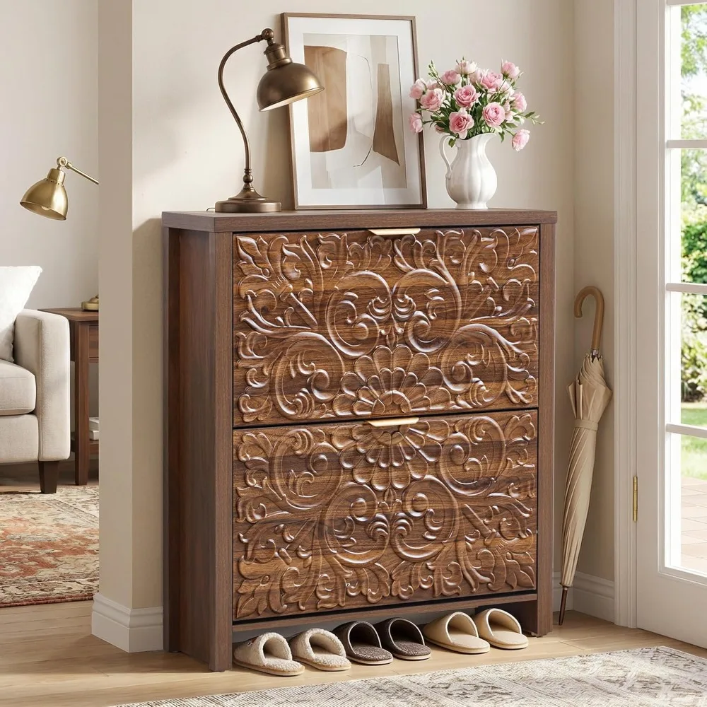 Shoe Cabinet with Flip Drawers, Narrow Shoe Storage Cabinet, 2-Tier Hidden Shoe Organizer with Carved Floral, Customized
Shoe Cabinet with Flip Drawers, Narrow Shoe Storage Cabinet, 2-Tier Hidden Shoe Organizer with Carved Floral, Customized