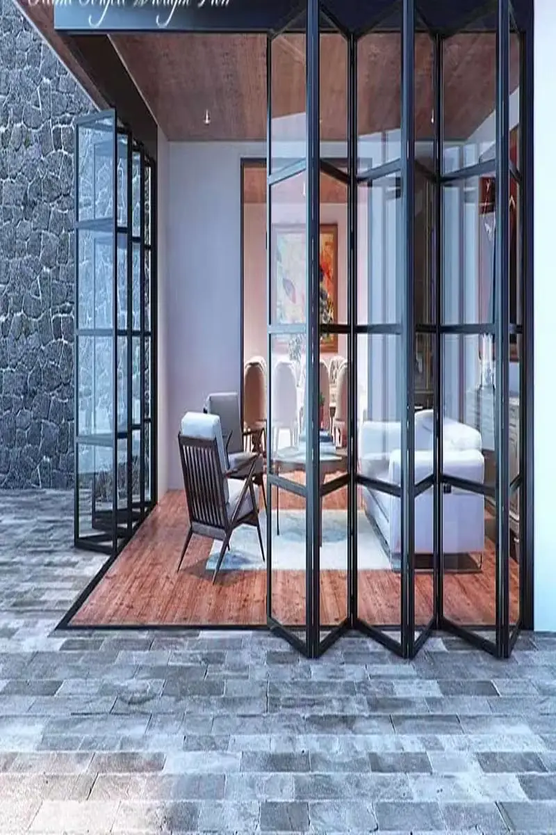 Panoramic L Shaped Narrow Aluminum Frame Glass Folding Door Windproof and Rainproof Manual Fold Up Doors Leisure Bi Fold Doors
Panoramic L Shaped Narrow Aluminum Frame Glass Folding Door Windproof and Rainproof Manual Fold Up Doors Leisure Bi Fold Doors