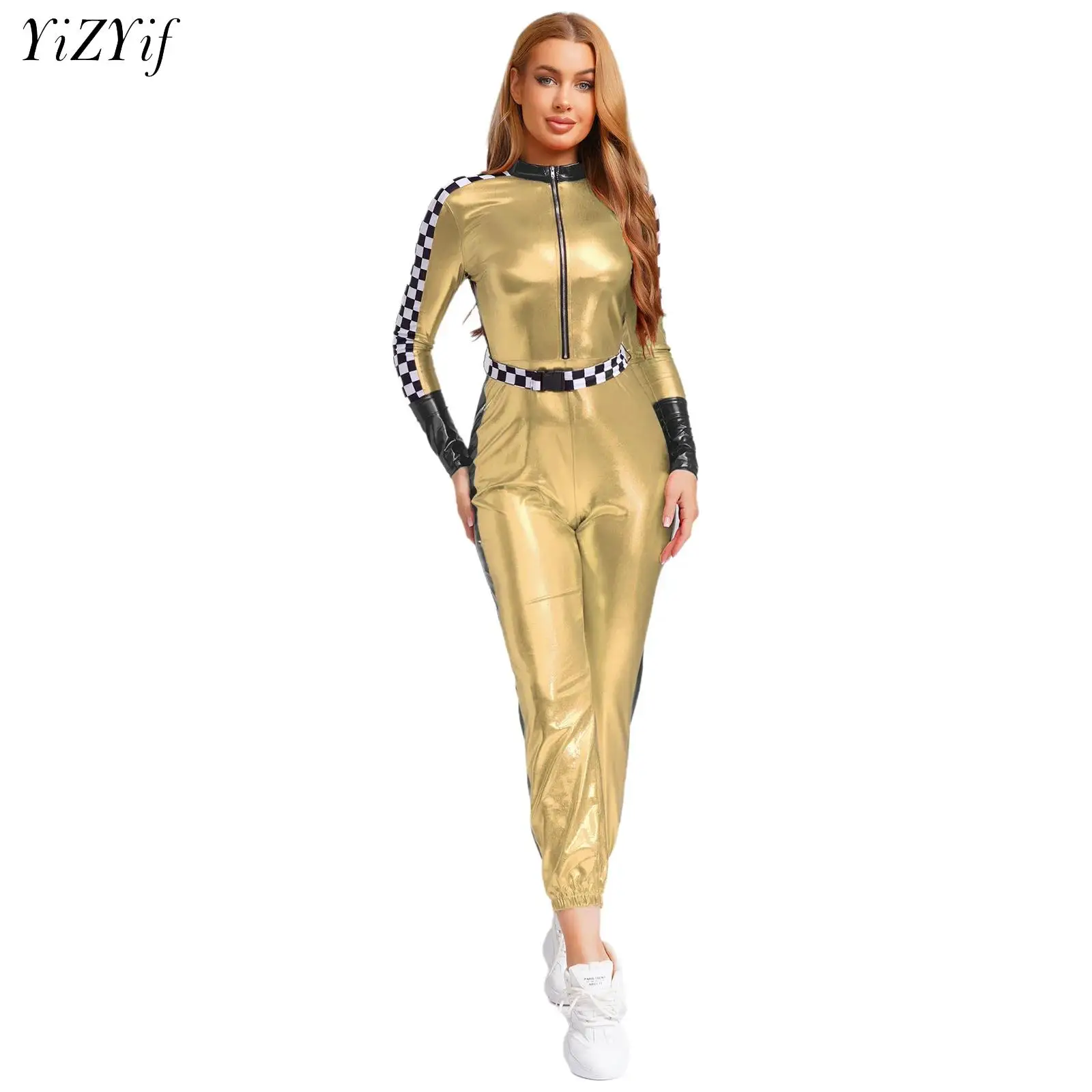 Lady Sexy Checkerboard Plaid Race Car Driver Costume Racer Girl Jumpsuit with Belt Outfit Women Racing Cheerleader Uniform
Lady Sexy Checkerboard Plaid Race Car Driver Costume Racer Girl Jumpsuit with Belt Outfit Women Racing Cheerleader Uniform
