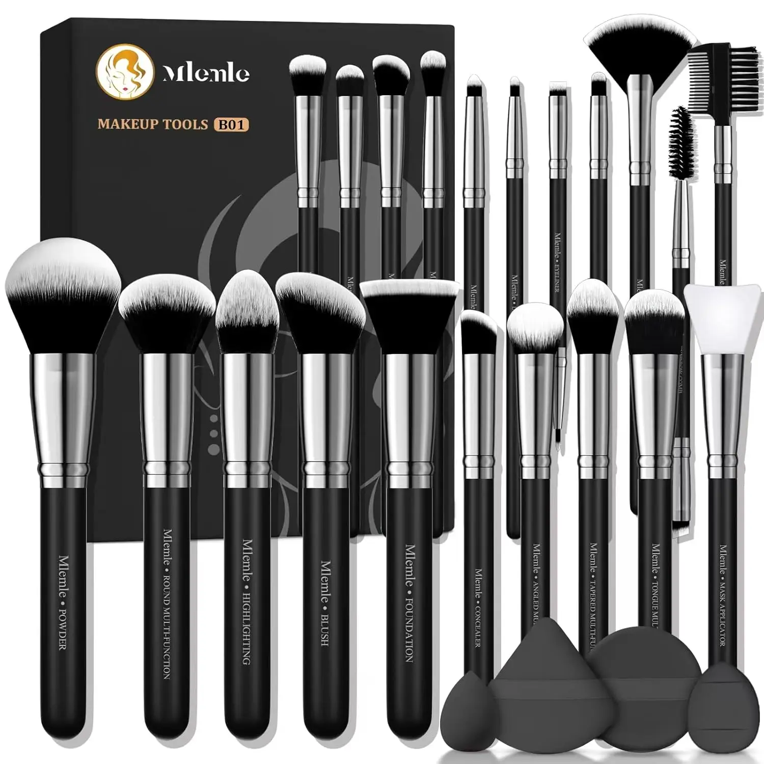 Makeup Brushes Set, Mlemle Professional 25 Pcs Makeup Kit, Include Foundation Powder Blush Concealers Eye shadows 21 Pcs Makeup Brushes and 2 Powder Puff, 2 Makeup Sponge(B01-Black)
Makeup Brushes Set, Mlemle Professional 25 Pcs Makeup Kit, Include Foundation Powder Blush Concealers Eye shadows 21 Pcs Makeup Brushes and 2 Powder Puff, 2 Makeup Sponge(B01-Black)