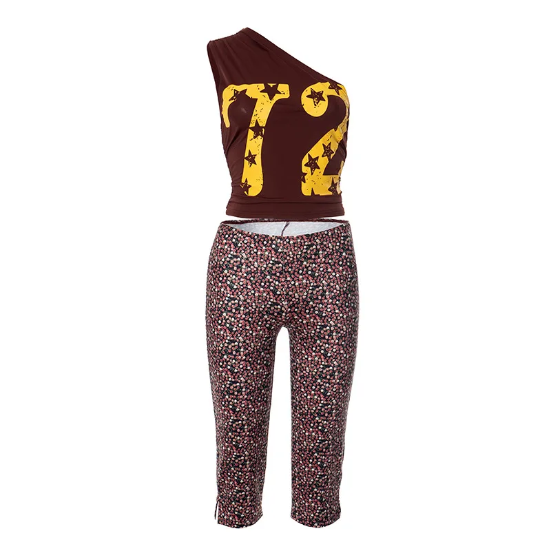 Women Summer 2 Piece Set Number Print Ruched One Shoulder Sleeveless Tank Crop Tops + Flowers Print Capris Pants Streetwear Suit
Women Summer 2 Piece Set Number Print Ruched One Shoulder Sleeveless Tank Crop Tops + Flowers Print Capris Pants Streetwear Suit