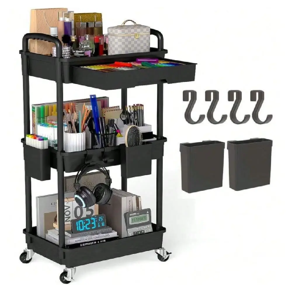 Tier Rolling Utility Cart With Drawer, Plastic Storage Organizer Rolling Carts With Wheels Handles Hanging Cups Hooks For Offic
Tier Rolling Utility Cart With Drawer, Plastic Storage Organizer Rolling Carts With Wheels Handles Hanging Cups Hooks For Offic