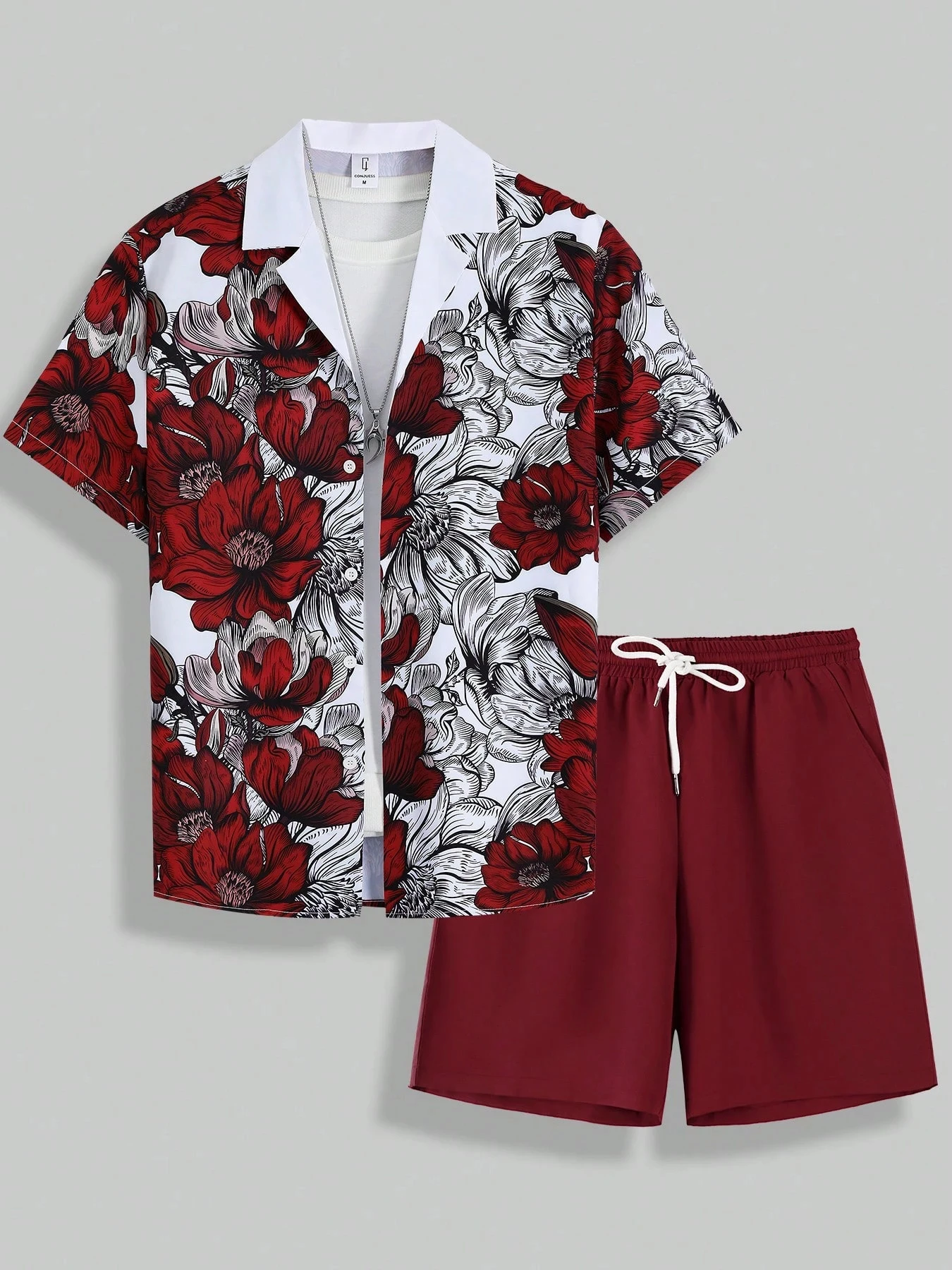 Men's Summer Suit Collar Burgundy Peony Print Drawstring Double Oblique Pocket Shorts Set Oversized Shirt and Men's Shorts Tees
Men's Summer Suit Collar Burgundy Peony Print Drawstring Double Oblique Pocket Shorts Set Oversized Shirt and Men's Shorts Tees