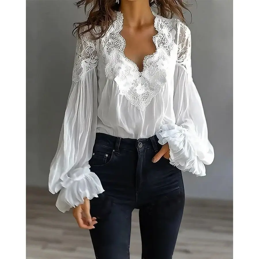 Blouse Lace V-neck White Women Shirt, Female Heavy Worker, Hollowed Out Embroidery, Bubble Sleeves Shirt Top
Blouse Lace V-neck White Women Shirt, Female Heavy Worker, Hollowed Out Embroidery, Bubble Sleeves Shirt Top
