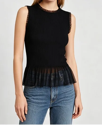 2026 Summer New Women's Fashion Black Round Neck Sleeveless Knit Top Vertical Stripe Piping Netting Patchwork Top
2026 Summer New Women's Fashion Black Round Neck Sleeveless Knit Top Vertical Stripe Piping Netting Patchwork Top