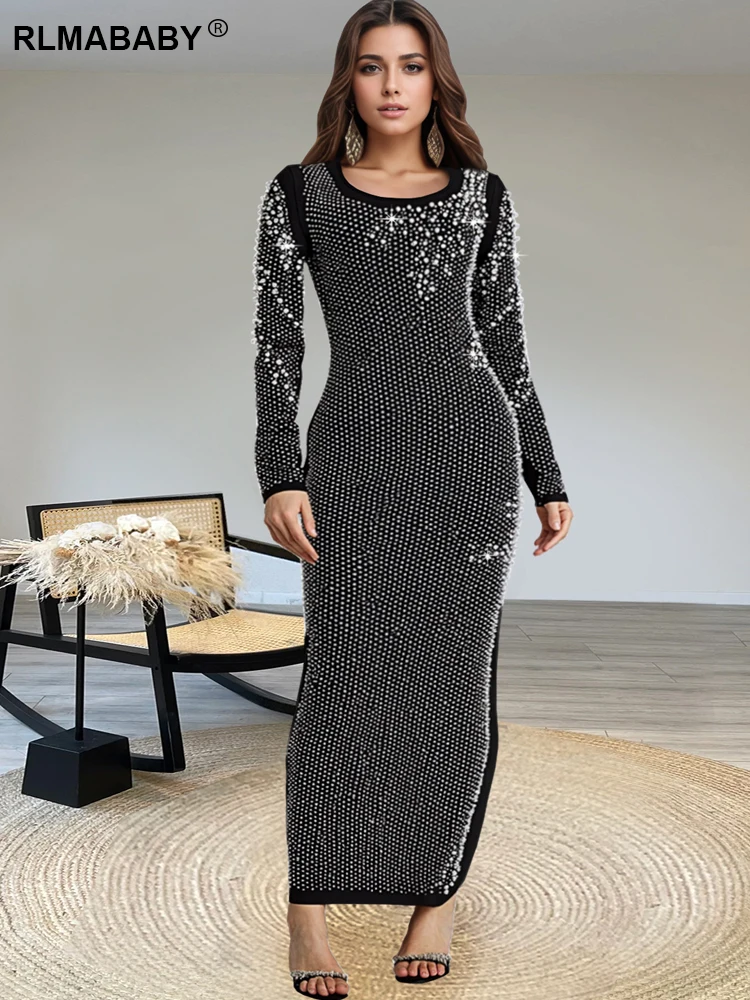 RLMABABY Fashion Pearl Diamond Sexy Bodycon Maxi Dress Gown Women O Neck Long Sleeve Elegant Party Club Sparkling Sheath Dress
RLMABABY Fashion Pearl Diamond Sexy Bodycon Maxi Dress Gown Women O Neck Long Sleeve Elegant Party Club Sparkling Sheath Dress