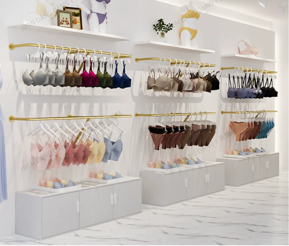 Underwear store dedicated display rack on the wall, light luxury gold bra shelf, clothing store underwear display rack
Underwear store dedicated display rack on the wall, light luxury gold bra shelf, clothing store underwear display rack