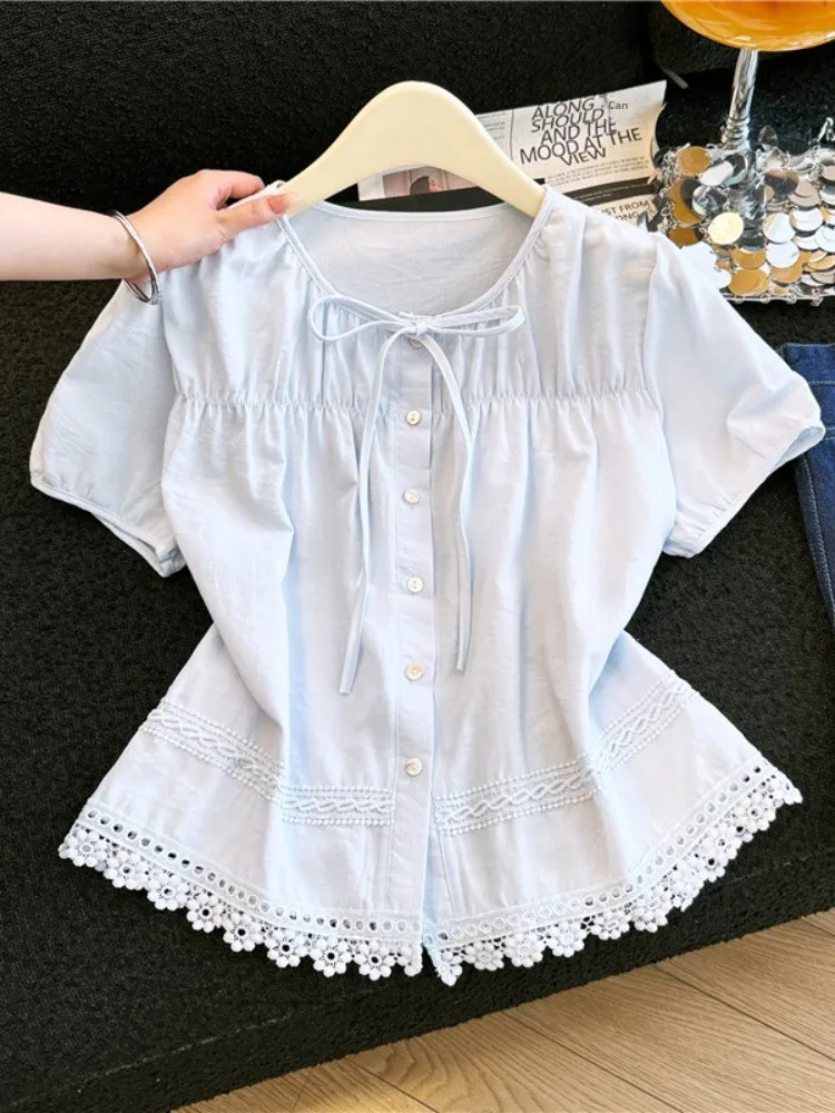 French Style Lace Trim Short Sleeve Shirt Women's Summer New Design Doll Shirt Beautiful Top Breathable Polyester Fiber
French Style Lace Trim Short Sleeve Shirt Women's Summer New Design Doll Shirt Beautiful Top Breathable Polyester Fiber