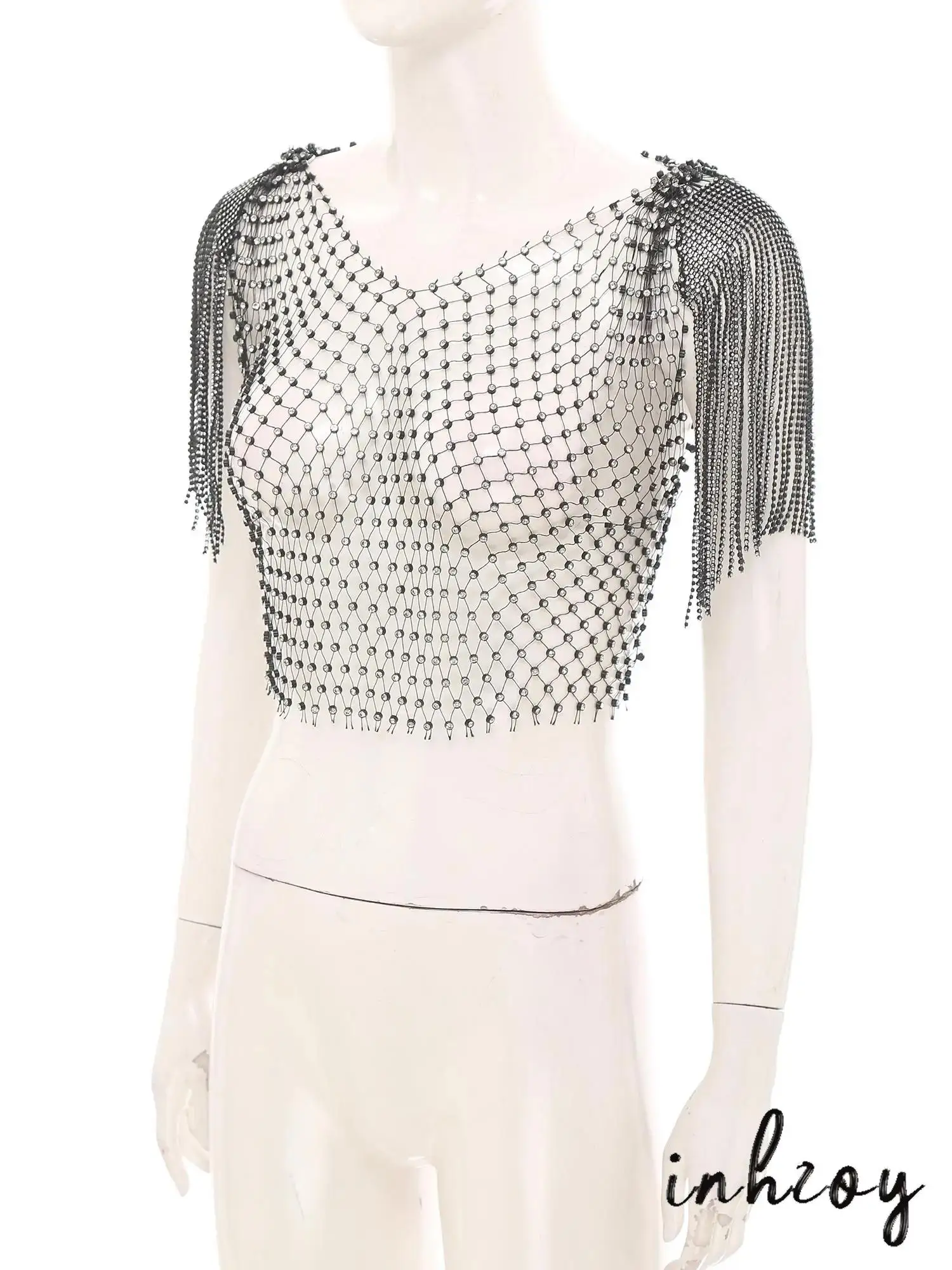 Women Shiny Rhinestone Fishnet Cover Up Top Hollow Out Tassels Sheer Mesh Crop Top Beach Nightclub Festival Clubwear Rave Party
Women Shiny Rhinestone Fishnet Cover Up Top Hollow Out Tassels Sheer Mesh Crop Top Beach Nightclub Festival Clubwear Rave Party