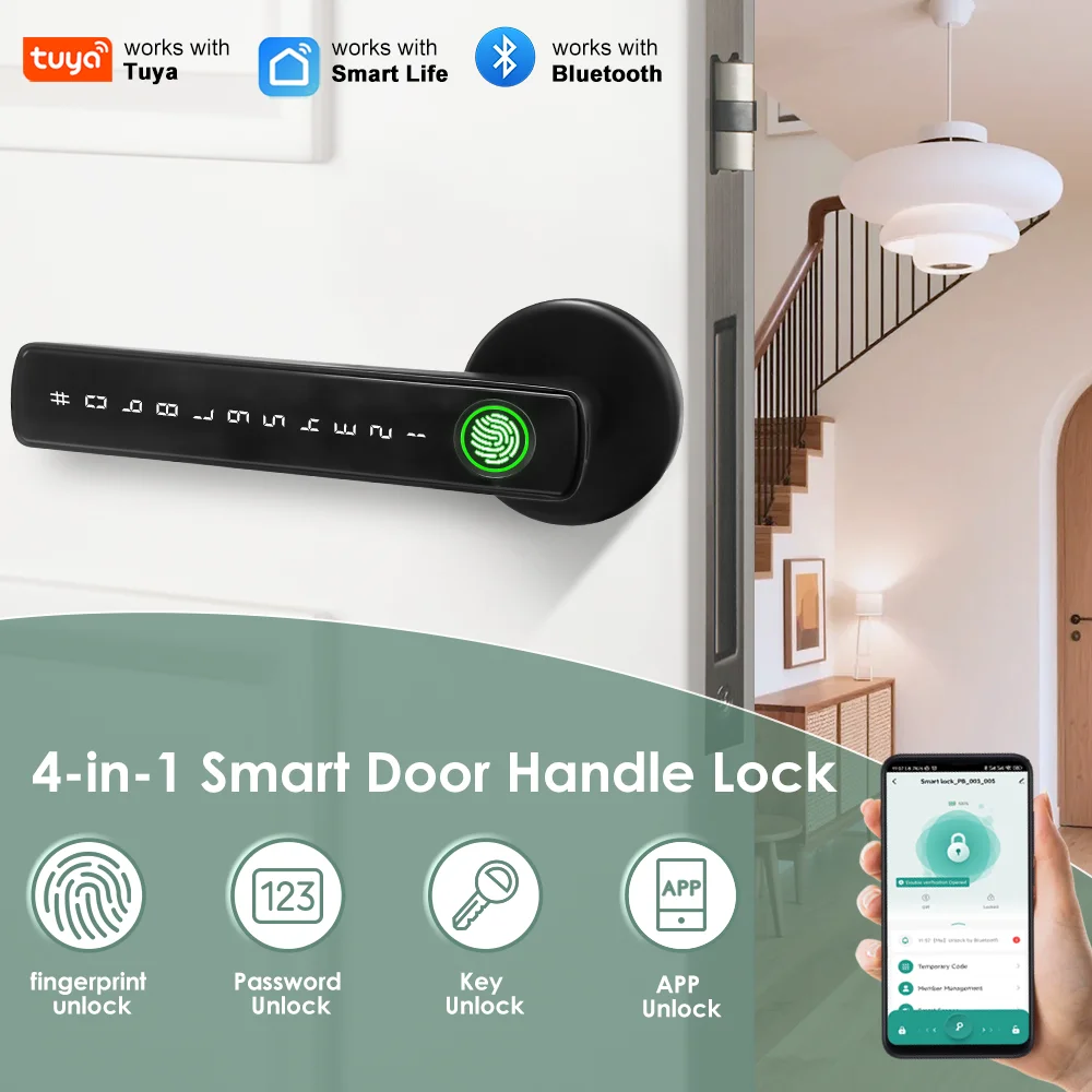 Electronic Door Lock Tuya Smart Devices Bluetooth Password Fingerprint Door Handle Lock Smart Life Remote Control Home Security
Electronic Door Lock Tuya Smart Devices Bluetooth Password Fingerprint Door Handle Lock Smart Life Remote Control Home Security