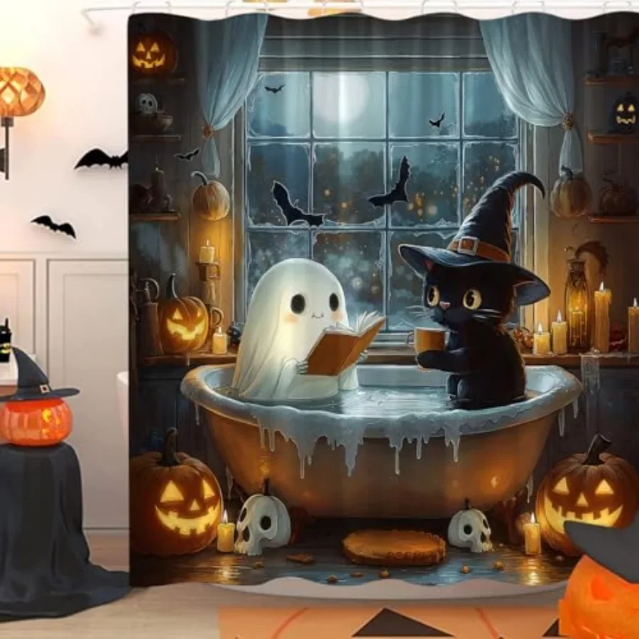 Halloween Funny Ghost Shower Curtain Spooky Gothic Cute Ghost Black Cat Reading in Bathtub Pumpkin Bat Skull Dark Horror Scary
Halloween Funny Ghost Shower Curtain Spooky Gothic Cute Ghost Black Cat Reading in Bathtub Pumpkin Bat Skull Dark Horror Scary