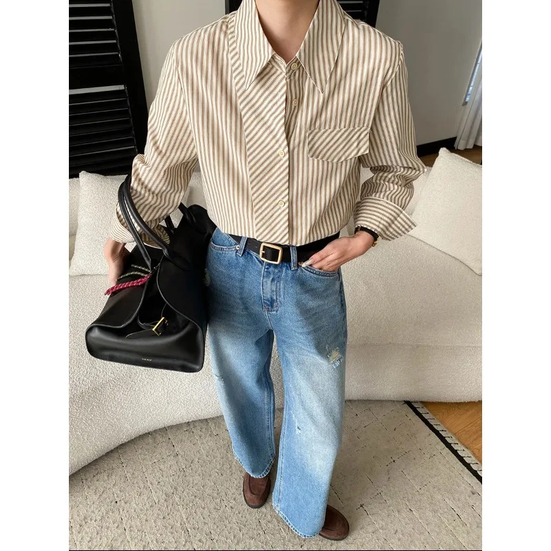 Spring New French-style Striped Long-sleeve Shirt Brown White Vertical Striped Button Down Shirt Chest Pocket For Women EDXV
Spring New French-style Striped Long-sleeve Shirt Brown White Vertical Striped Button Down Shirt Chest Pocket For Women EDXV
