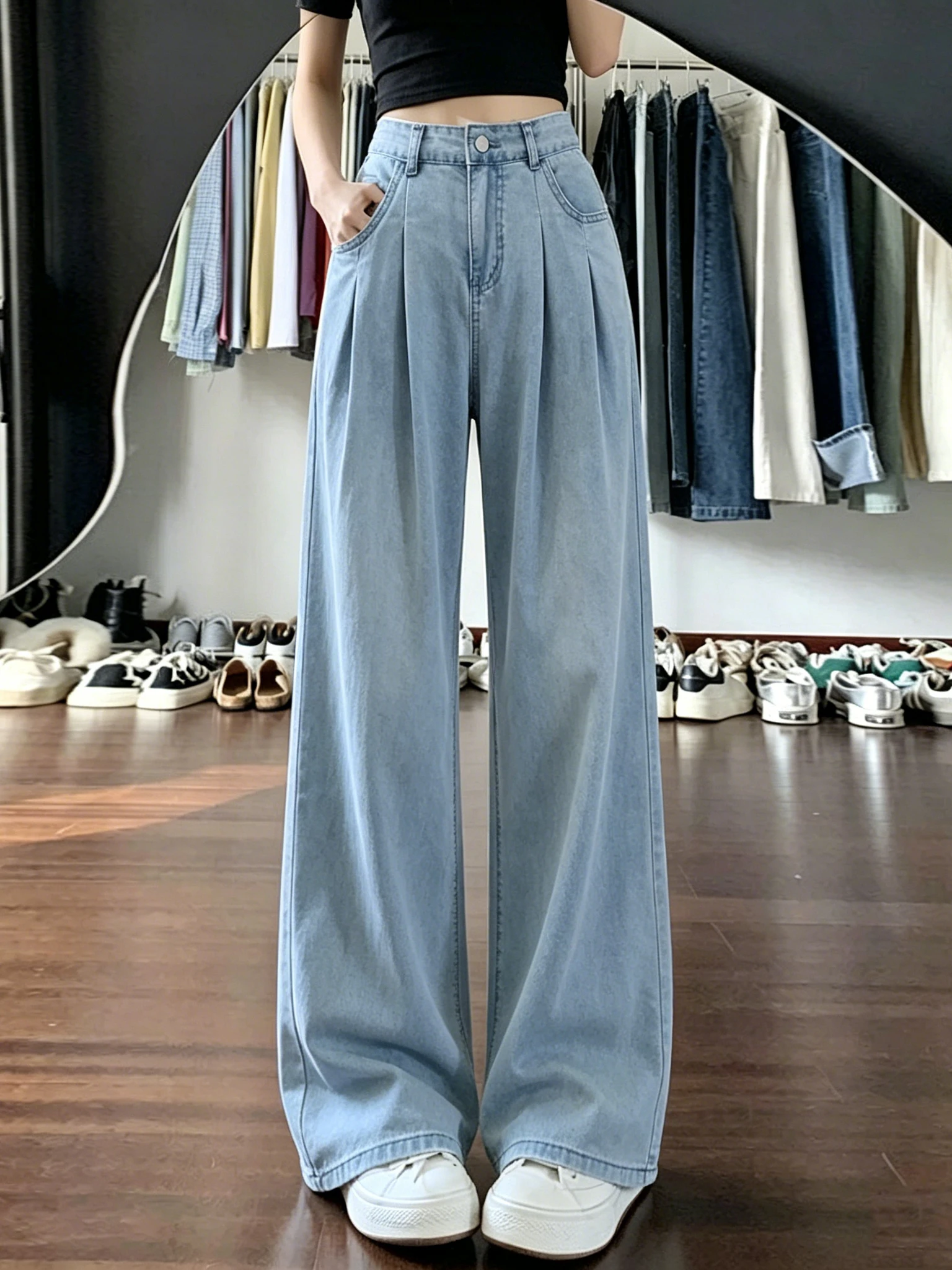 Retro Blue Washed Lyocell Denim Pants Women Summer Small Size Loose Drapey Wide Leg Pants Floor-Length Casual High Waist
Retro Blue Washed Lyocell Denim Pants Women Summer Small Size Loose Drapey Wide Leg Pants Floor-Length Casual High Waist