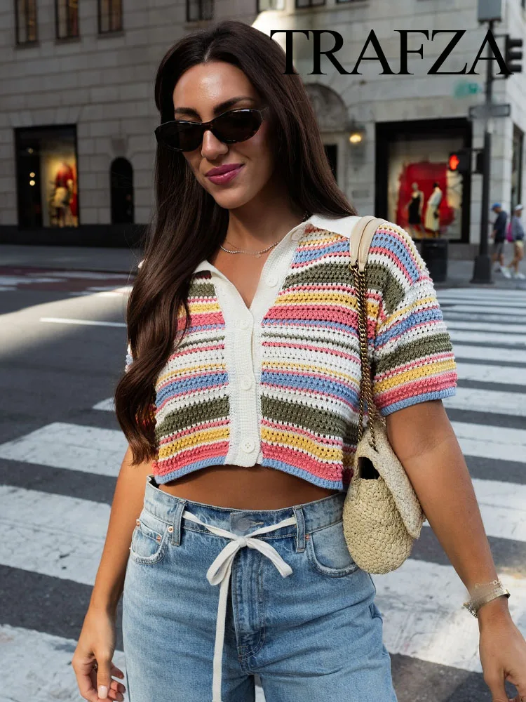 TRAFZA Female Fashion Casual Slim Tops Multicolor Stripe Turn-Down Collar Short Sleeves Single Breasted Cardigan Women Sweater
TRAFZA Female Fashion Casual Slim Tops Multicolor Stripe Turn-Down Collar Short Sleeves Single Breasted Cardigan Women Sweater