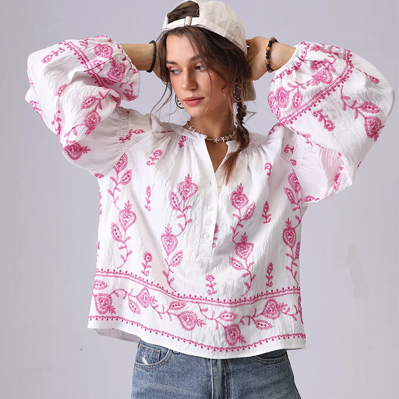 Bohemian Floral Embroidery Women Shirt Blouse Spring Summer Pink Green Long Lantern Sleeve Loose Vocation Style Ladies Tops New
Bohemian Floral Embroidery Women Shirt Blouse Spring Summer Pink Green Long Lantern Sleeve Loose Vocation Style Ladies Tops New