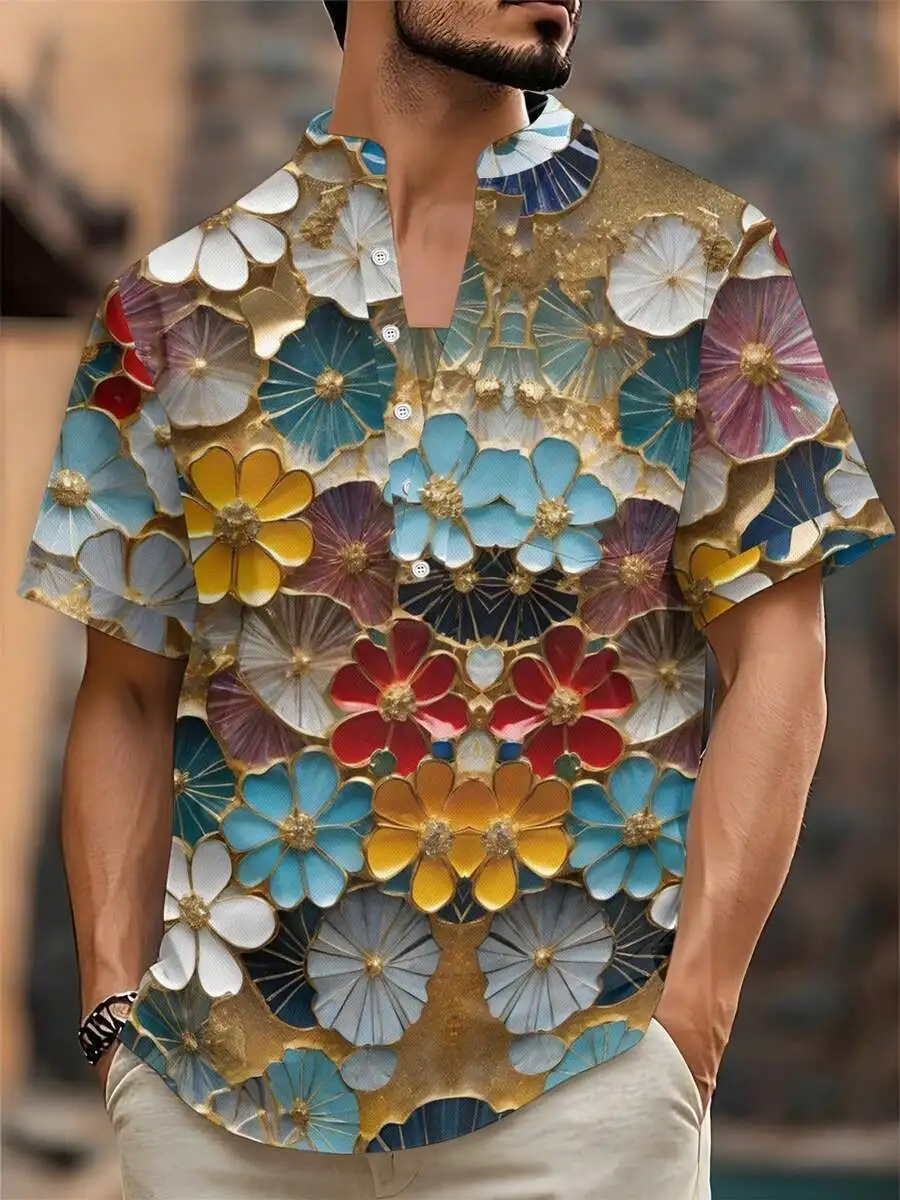 Mens Short Sleeve Henley Shirt With Floral Print Casual Summer Top
Mens Short Sleeve Henley Shirt With Floral Print Casual Summer Top