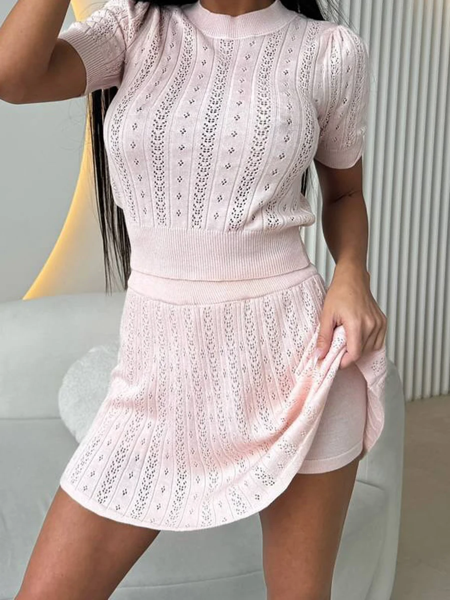 Solid Hollow Out Mini Skirts Sets Women Crew Neck Thin Short Sleeve T--shirt+A-line Skirt Summer Casual Simple Knit 2 Piece Set
Solid Hollow Out Mini Skirts Sets Women Crew Neck Thin Short Sleeve T--shirt+A-line Skirt Summer Casual Simple Knit 2 Piece Set