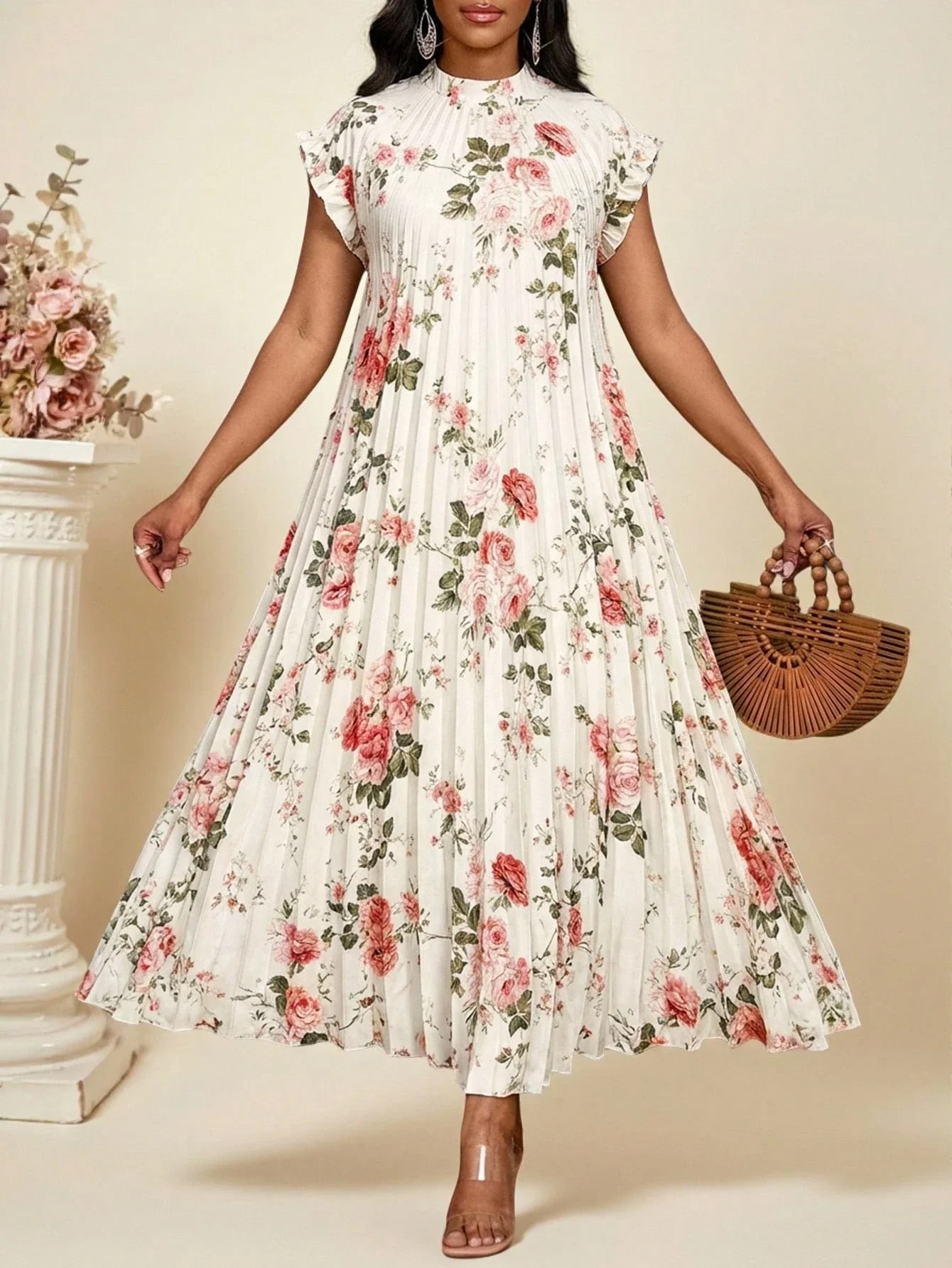 Elegant Floral Print Pleated Ruffle Sleeve Maxi Dress For Women
Elegant Floral Print Pleated Ruffle Sleeve Maxi Dress For Women