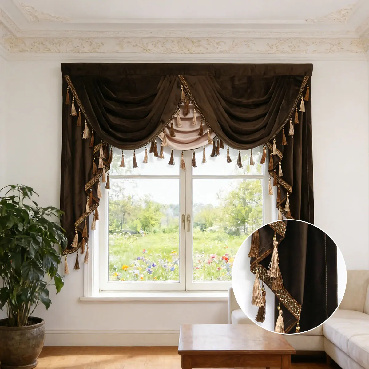 1Pc Vintage European Swag Window Valance, Soft Velvet Fabric with Embroidered Border & Two-Tone Tassels
1Pc Vintage European Swag Window Valance, Soft Velvet Fabric with Embroidered Border & Two-Tone Tassels