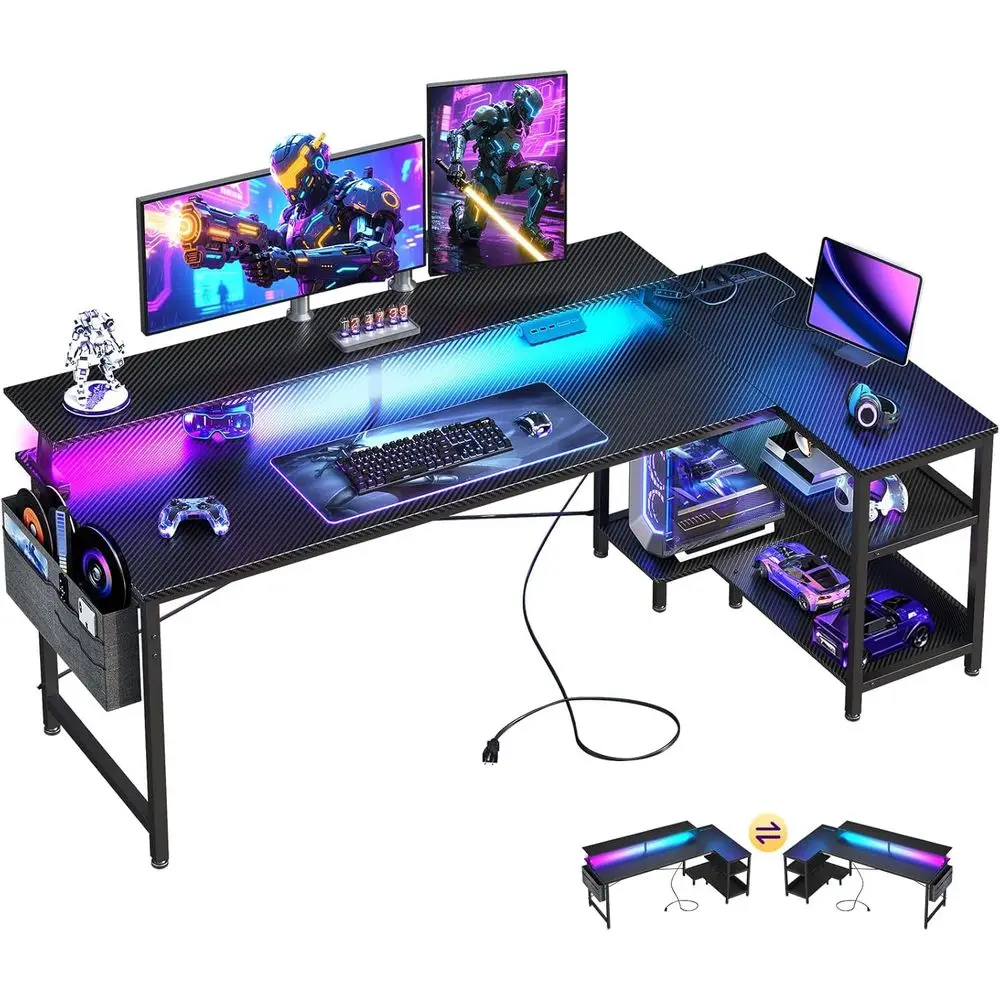 66 L-Shaped Gaming Desk with USB Ports, LED Lights, Storage Shelves & Monitor Stand, Carbon Fiber Black
66 L-Shaped Gaming Desk with USB Ports, LED Lights, Storage Shelves & Monitor Stand, Carbon Fiber Black
