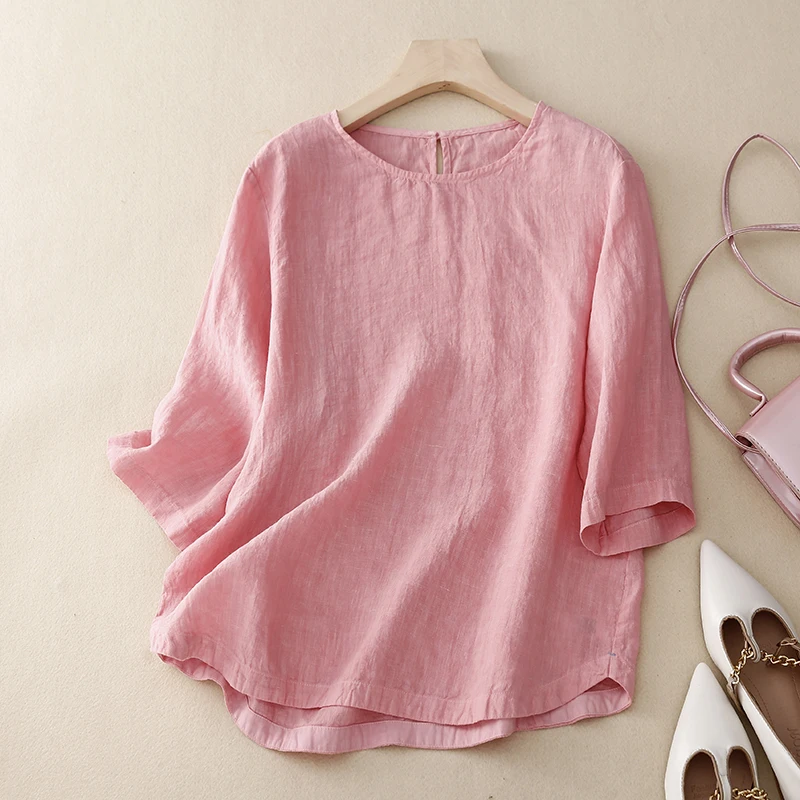 Summer Basic Solid Short Sleeve Cotton Linen Blouses Casual Loose Pink White Blue Yellow Green Top Women Vintage Tees
Summer Basic Solid Short Sleeve Cotton Linen Blouses Casual Loose Pink White Blue Yellow Green Top Women Vintage Tees