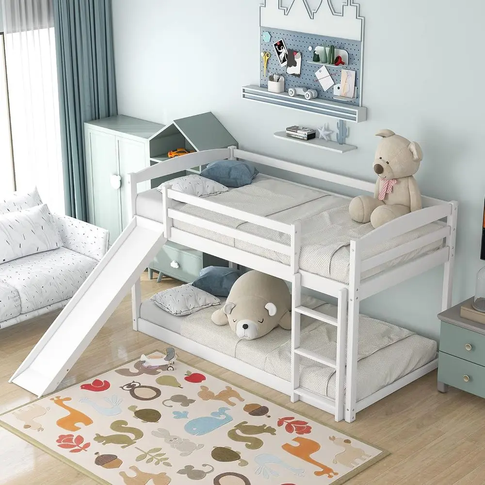 Twin Over Twin Bunk Bed with Slide, Wooden, Guardrails, Ladder, Suitable for Kids, Teens, White, No Box Spring Needed
Twin Over Twin Bunk Bed with Slide, Wooden, Guardrails, Ladder, Suitable for Kids, Teens, White, No Box Spring Needed