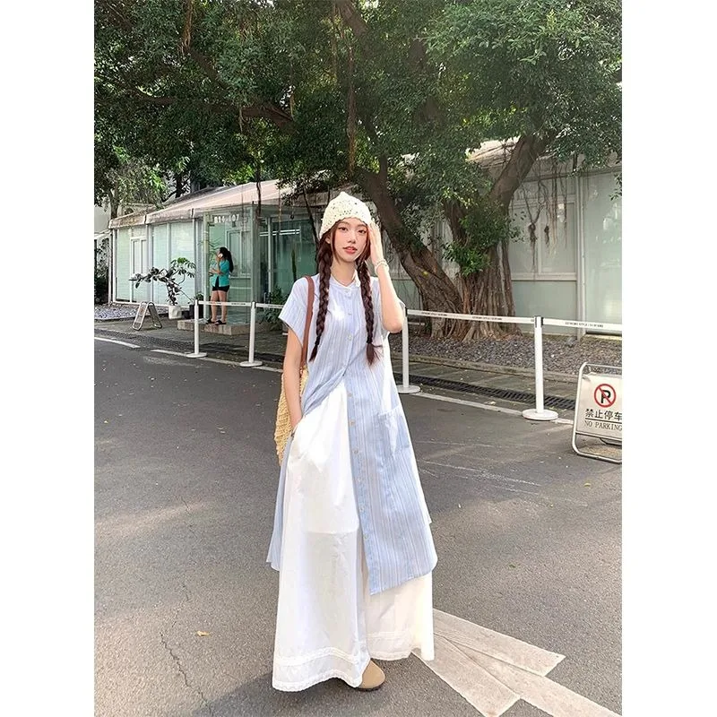 Fashionable Striped Long Short Sleeved Shirt with Lace Patchwork Wide Leg Casual Pants for Women's Summer New Two-piece Set
Fashionable Striped Long Short Sleeved Shirt with Lace Patchwork Wide Leg Casual Pants for Women's Summer New Two-piece Set