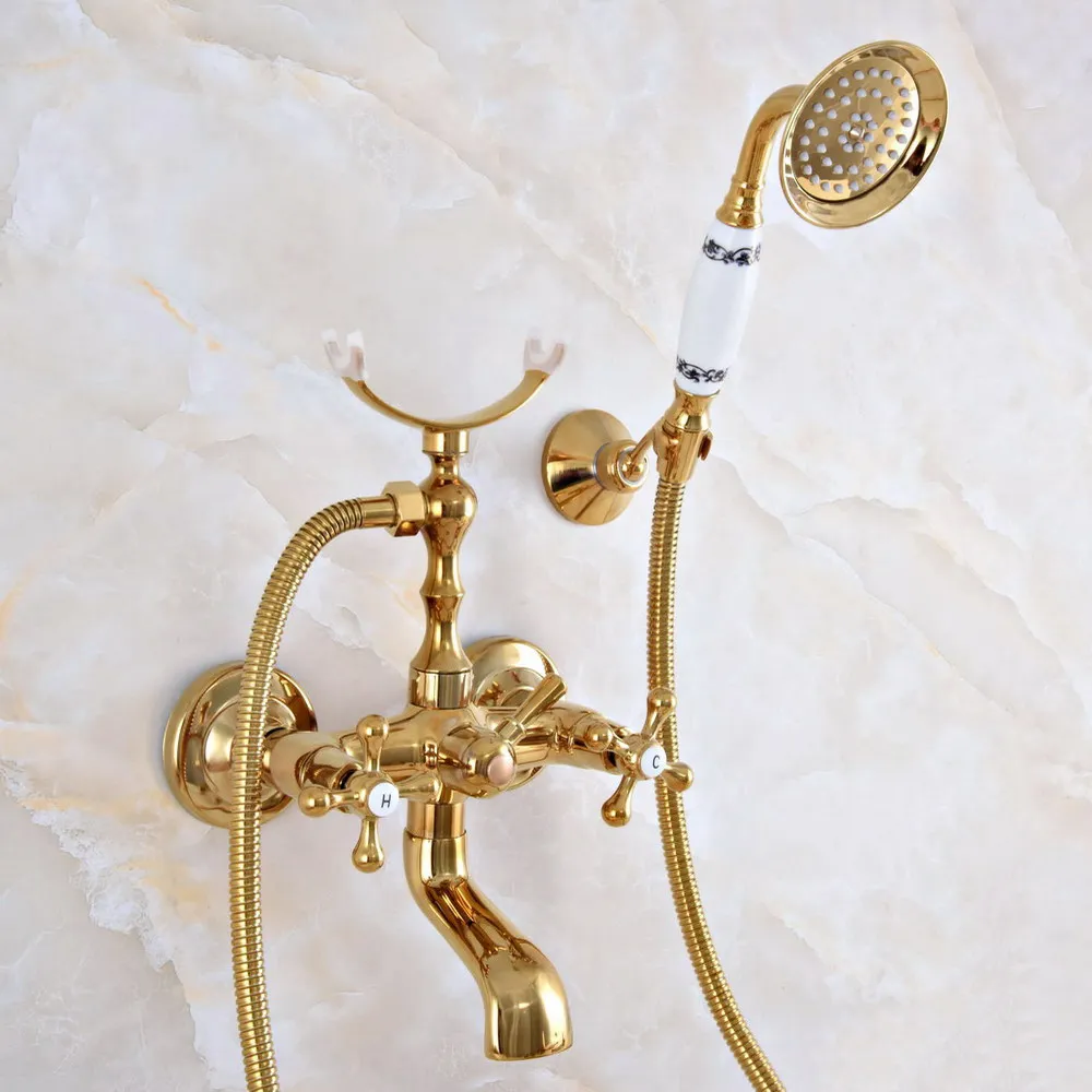 Modern Luxury Golden Brass Wall Mount Bathroom Bathtub Faucet Set with 1500MM Hose Handheld Shower Spray Head Mixer Tap Dna919
Modern Luxury Golden Brass Wall Mount Bathroom Bathtub Faucet Set with 1500MM Hose Handheld Shower Spray Head Mixer Tap Dna919