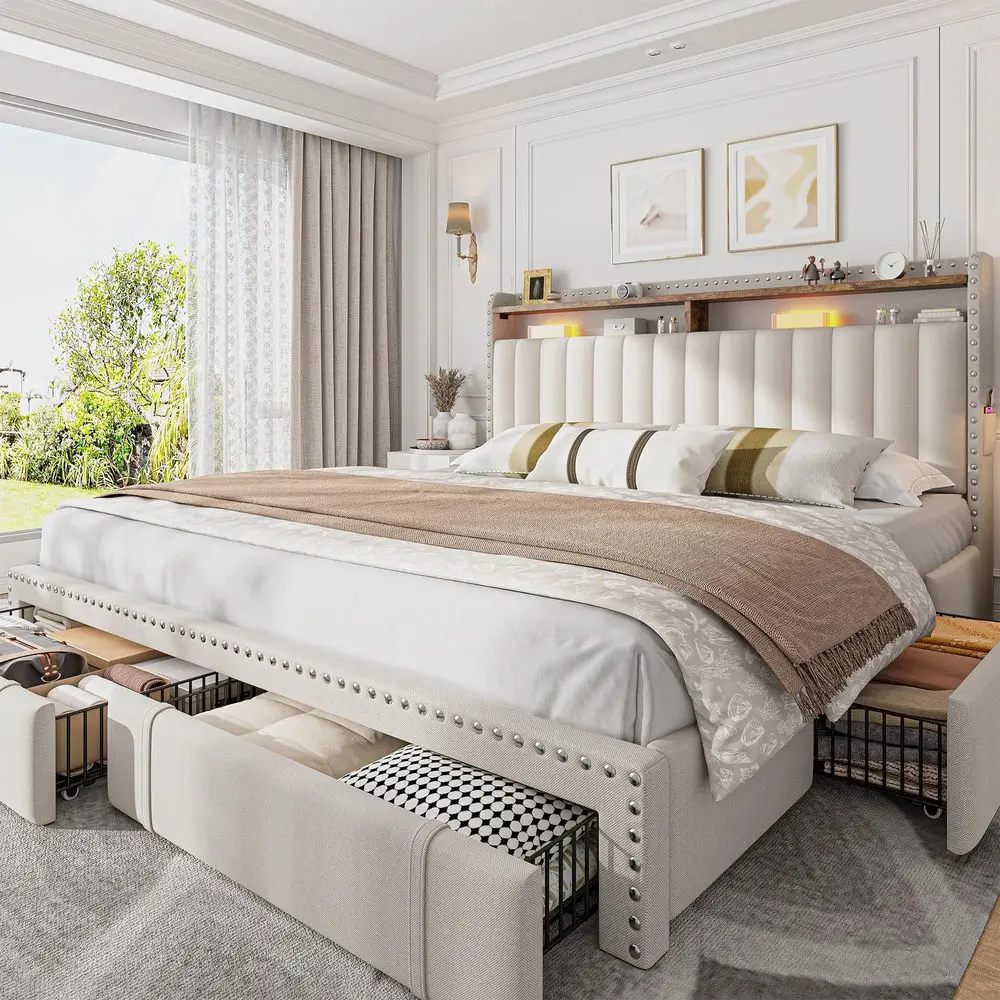 King Size Bed Frame with 4 Storage Drawers, 2Tier Vertical Tufted Storage Headboard, Platform King Bed Frame with Wooden Slats
King Size Bed Frame with 4 Storage Drawers, 2Tier Vertical Tufted Storage Headboard, Platform King Bed Frame with Wooden Slats