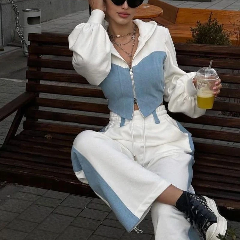 Модный повседневный свободный костюм-свитшот для женщин, джинсовый лоскутный топ с капюшоном на молнии, брюки на шнурке, комплект из двух предметов для женщин 
Модный повседневный свободный костюм-свитшот для женщин, джинсовый лоскутный топ с капюшоном на молнии, брюки на шнурке, комплект из двух предметов для женщин