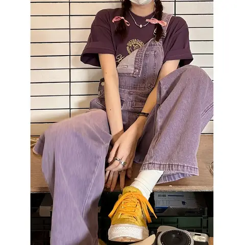 Loose Purple Overalls Women Summer New Sweet Cute Jumpsuit Woman Strap Pants Wide Leg Pant Female