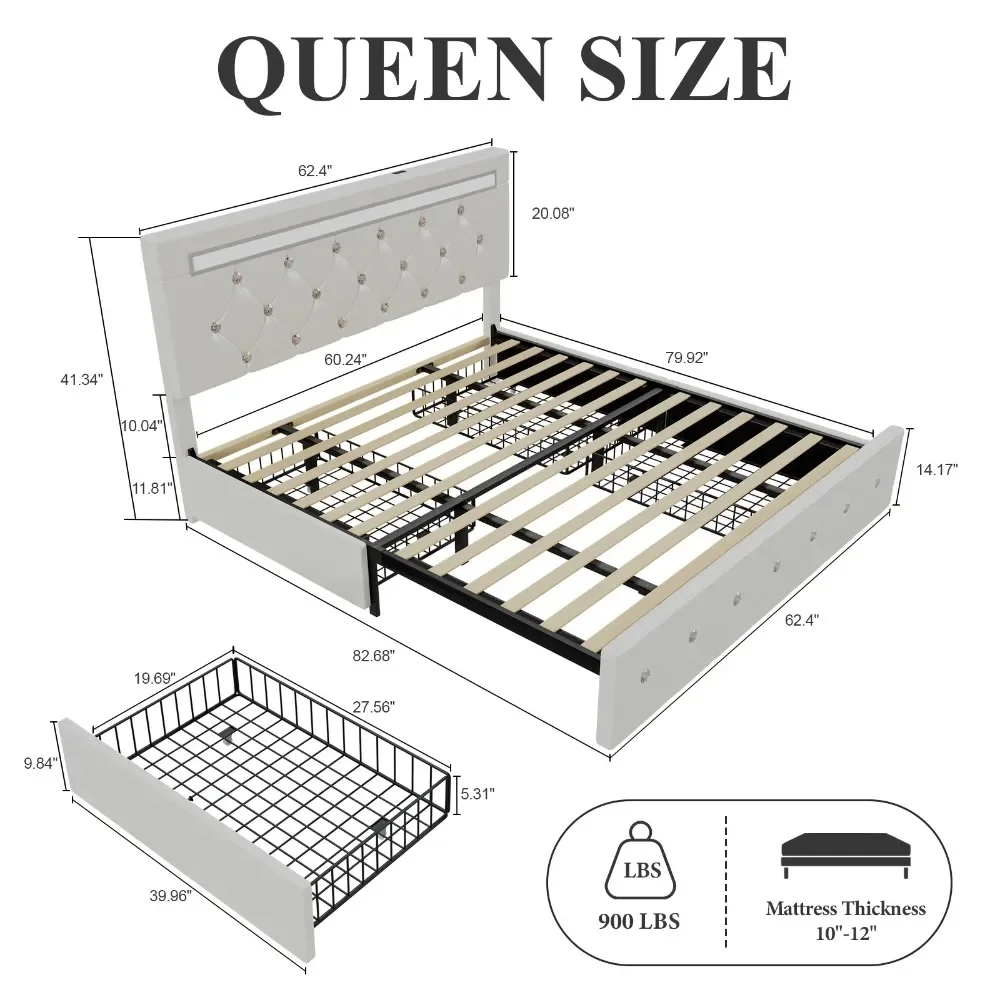 Modern Queen Bed Frame with 4 Drawers and LED Adjustable Button PU Leather Headboard, Charging Station
Modern Queen Bed Frame with 4 Drawers and LED Adjustable Button PU Leather Headboard, Charging Station