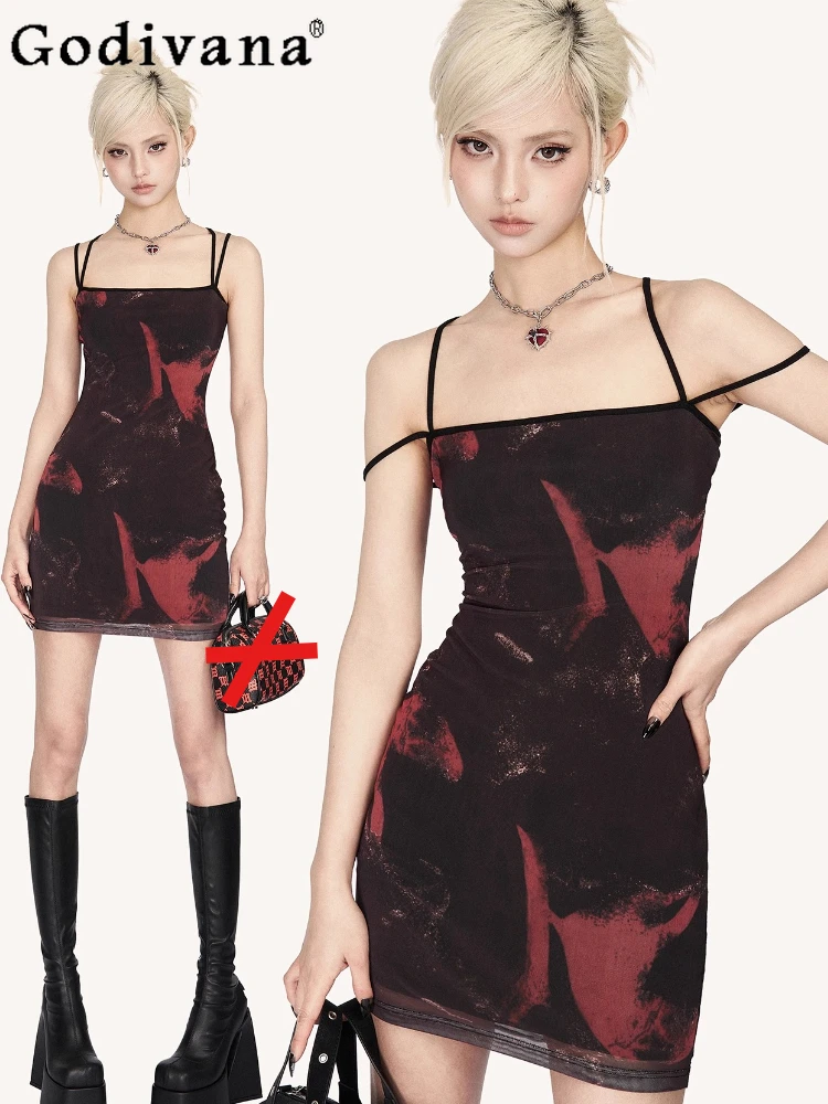 European American Sweet Cool Sexy Gauze Print Elastic Suspender Dress Girl Spring Summer Red Black Slim Slash Neck Short Dresses
European American Sweet Cool Sexy Gauze Print Elastic Suspender Dress Girl Spring Summer Red Black Slim Slash Neck Short Dresses