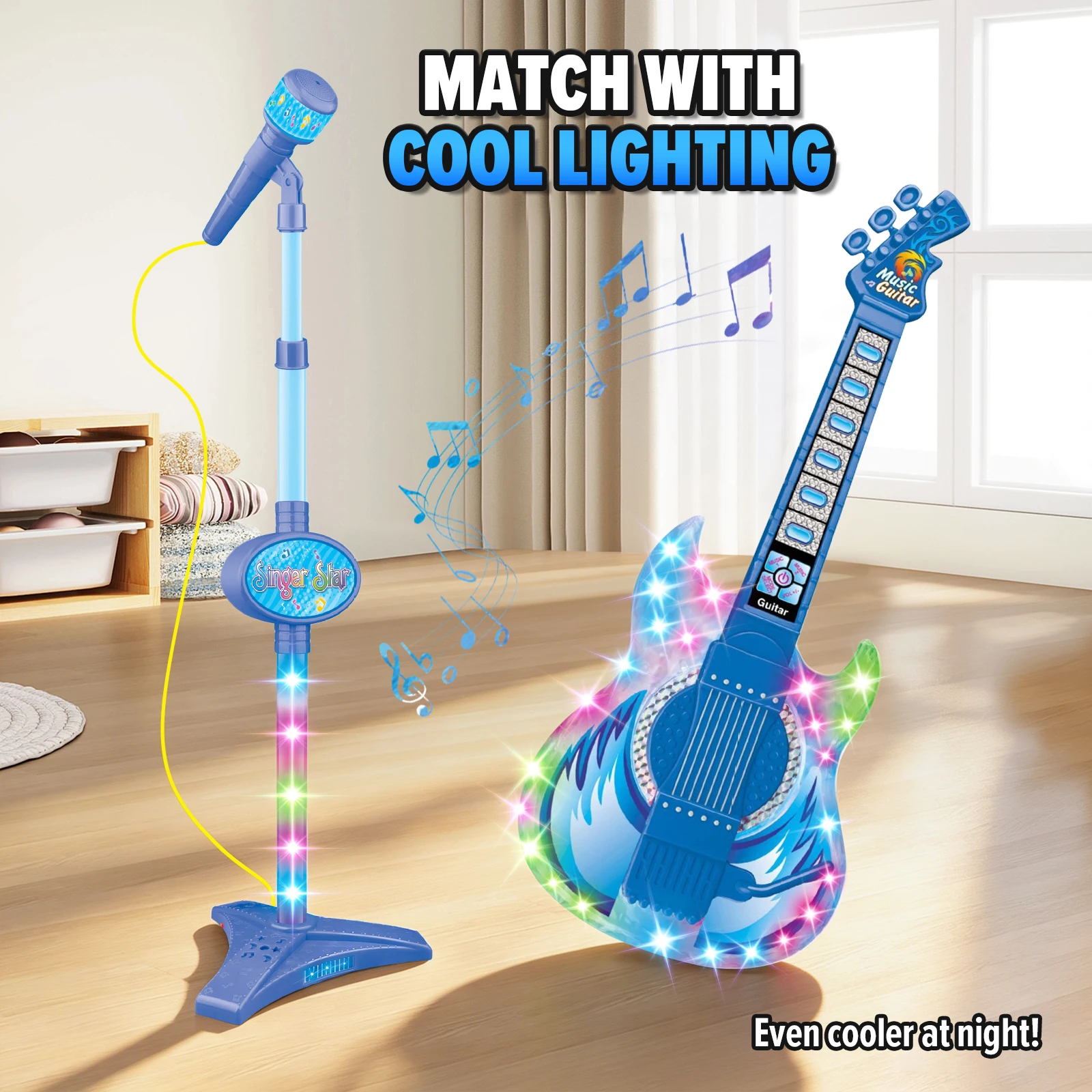 Kids Electric Guitar Toy with Microphone Stand Set Musical Instrument Playset with Lights for Singing Educational Toys
Kids Electric Guitar Toy with Microphone Stand Set Musical Instrument Playset with Lights for Singing Educational Toys
