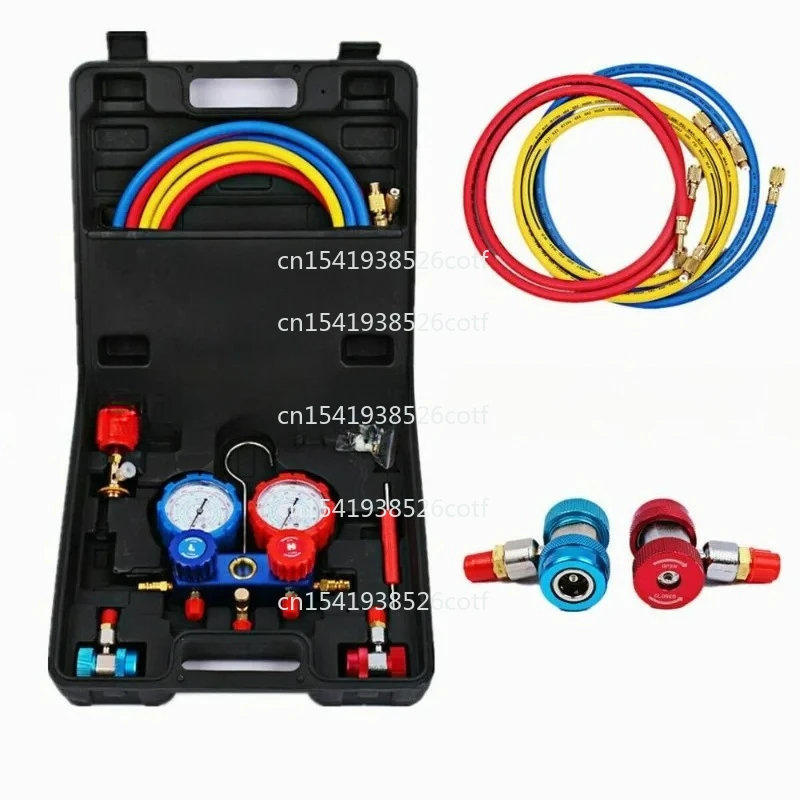 Набор инструментов для обслуживания автомобильных кондиционеров с хладагентом R134a, включая вентиль с двумя манометрами, для авторемонта и домашнего использования.
Набор инструментов для обслуживания автомобильных кондиционеров с хладагентом R134a, включая вентиль с двумя манометрами, для авторемонта и домашнего использования.