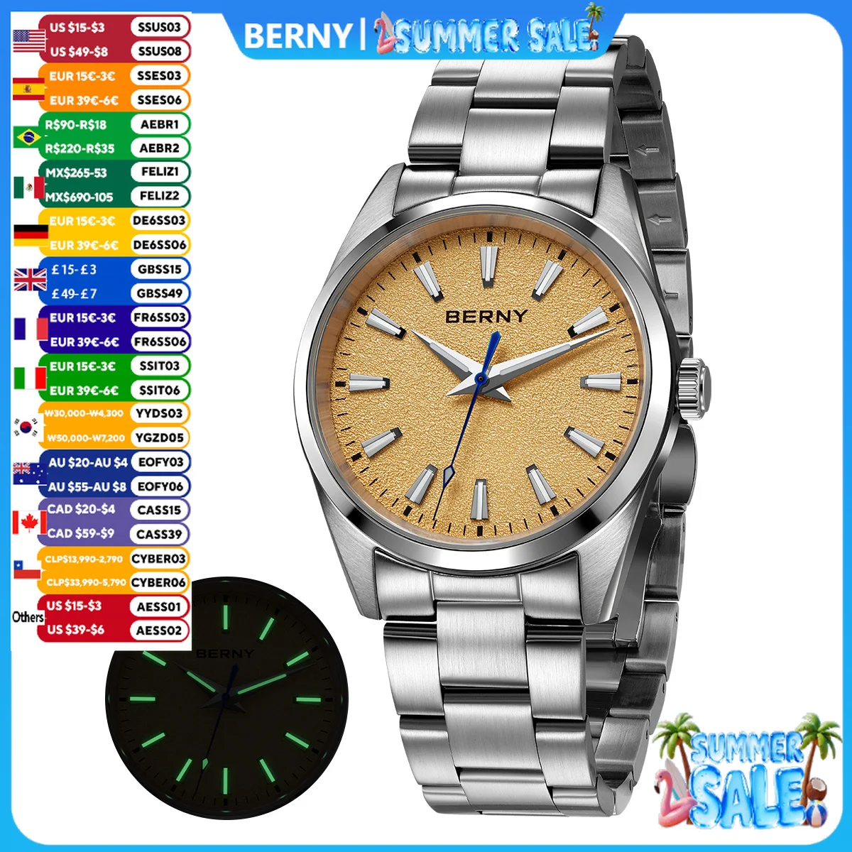 BERNY Watches for Men Luminous AR Sapphire Classic Dress Business Quartz Men's Watch 10ATM Elegant Fashion Casual Wristwatch
BERNY Watches for Men Luminous AR Sapphire Classic Dress Business Quartz Men's Watch 10ATM Elegant Fashion Casual Wristwatch
