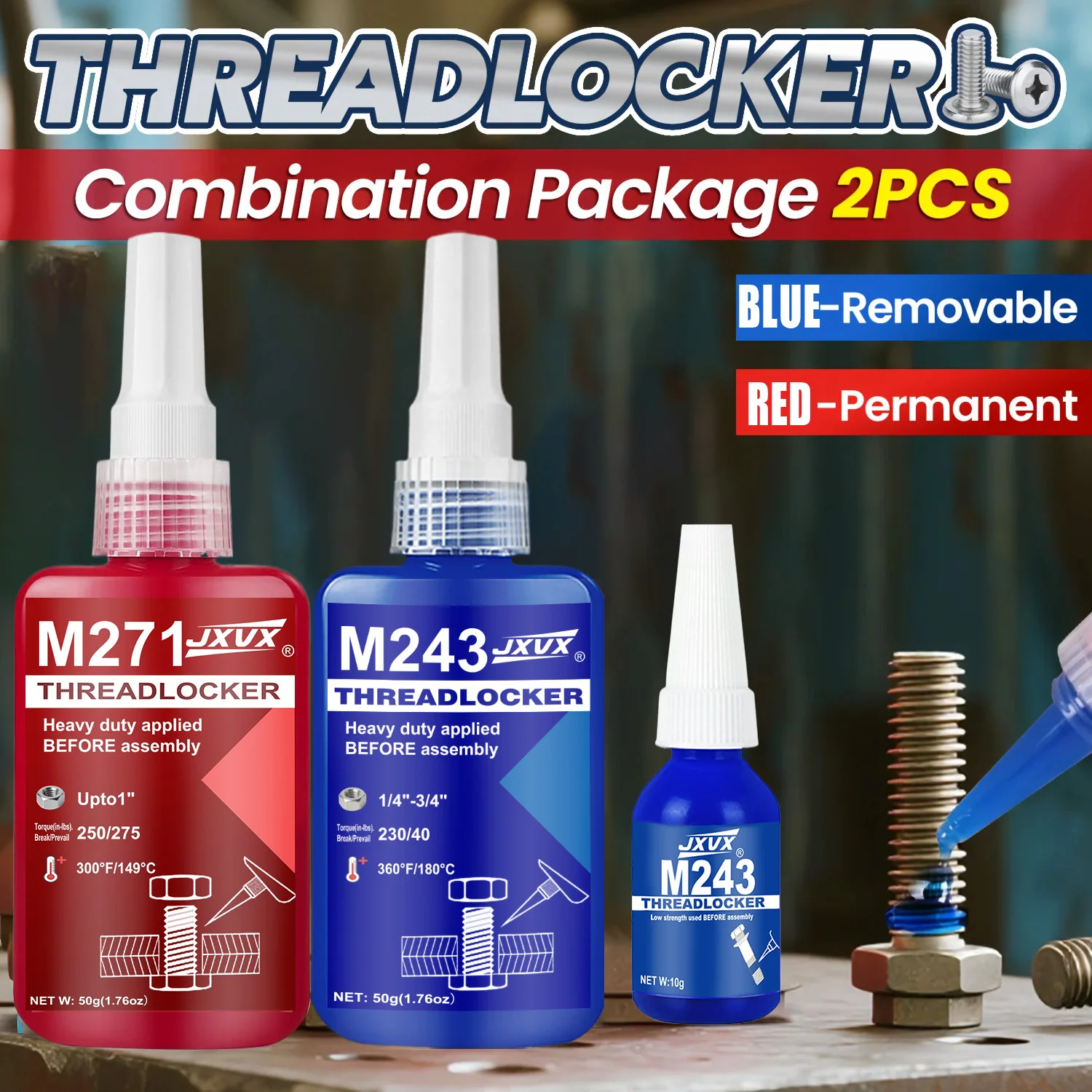 243/271 Threadlocker Anaerobic Glue Blue/Red Medium Strength Automotive-grade LockerThread for Metal, Fasteners, Nuts, Bolts to Against Losening Lock Tight Seal Fasteners Curing Metal Glue,Rustproof 10-50ml.
243/271 Threadlocker Anaerobic Glue Blue/Red Medium Strength Automotive-grade LockerThread for Metal, Fasteners, Nuts, Bolts to Against Losening Lock Tight Seal Fasteners Curing Metal Glue,Rustproof 10-50ml.