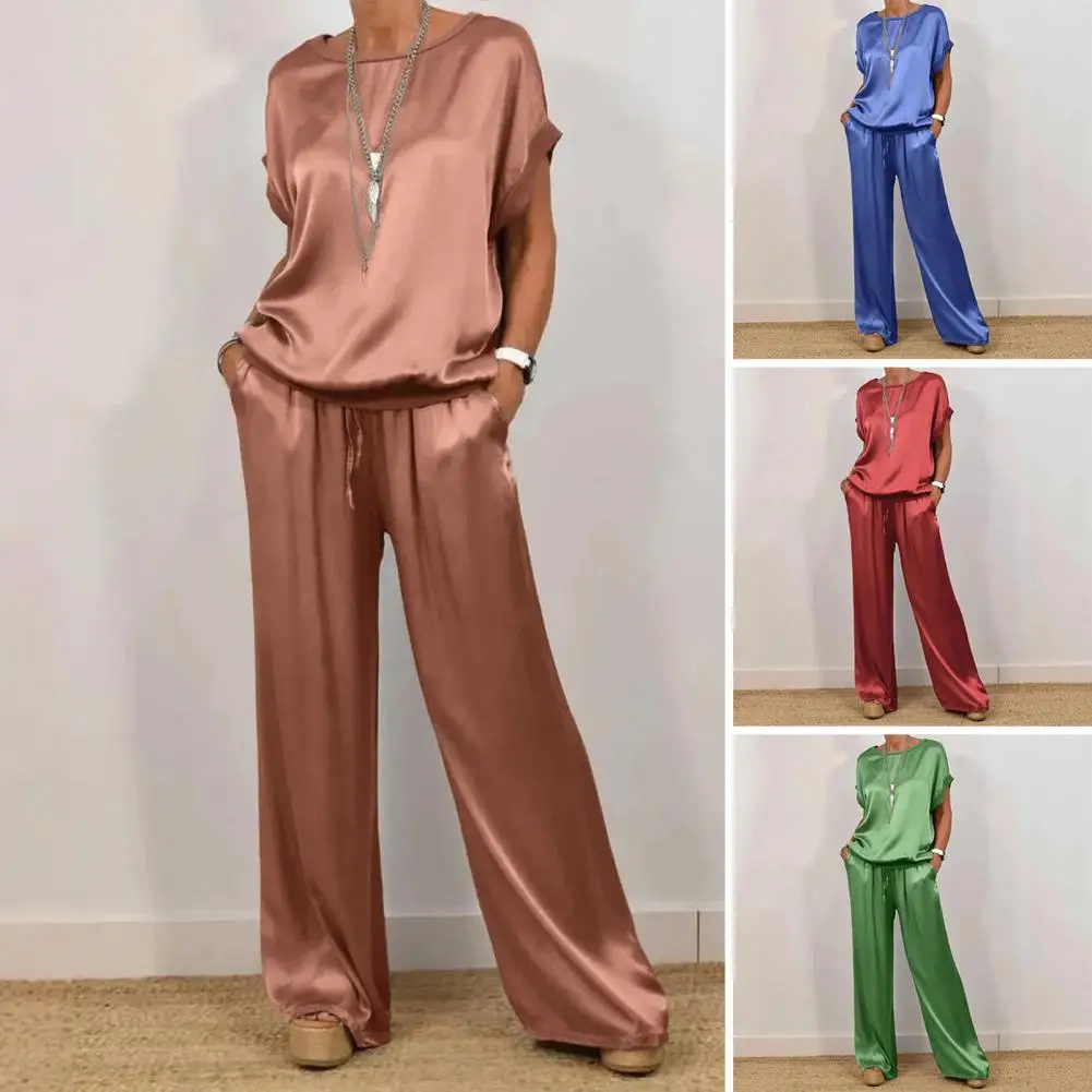 Simple Satin Women's Suits Summer Fashion Short Sleeve Loose Blouse Wide Leg Pants Two Piece Set For Women Casual Outfits
Simple Satin Women's Suits Summer Fashion Short Sleeve Loose Blouse Wide Leg Pants Two Piece Set For Women Casual Outfits