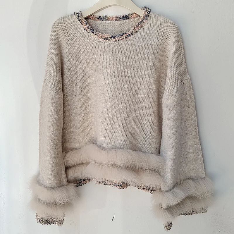 2025 Women Autumn Loose Knitted Pullover With Real Fox Fur Long Sleeve O-neck Warm Plus Size Female Sweater Pull Jumper
2025 Women Autumn Loose Knitted Pullover With Real Fox Fur Long Sleeve O-neck Warm Plus Size Female Sweater Pull Jumper