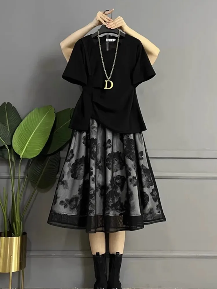 plus Size Summer Fashion Set Slimming Asymmetrical Short Sleeve Top And High Waist A-Line Skirt Korean Style round Neck Ensemble
plus Size Summer Fashion Set Slimming Asymmetrical Short Sleeve Top And High Waist A-Line Skirt Korean Style round Neck Ensemble