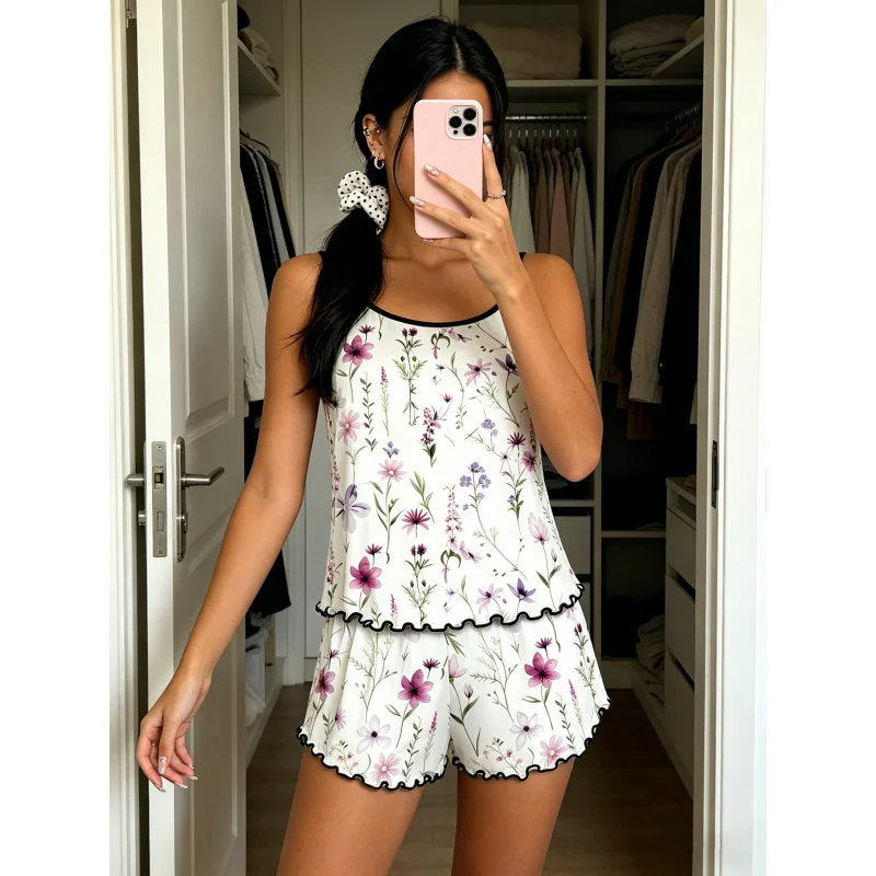Women Spring Summer Fall Pajama Set Spaghetti Strap Ruffle Trim Round Neck Sleeveless Cami Shorts Watercolor Purple Floral Print
Women Spring Summer Fall Pajama Set Spaghetti Strap Ruffle Trim Round Neck Sleeveless Cami Shorts Watercolor Purple Floral Print